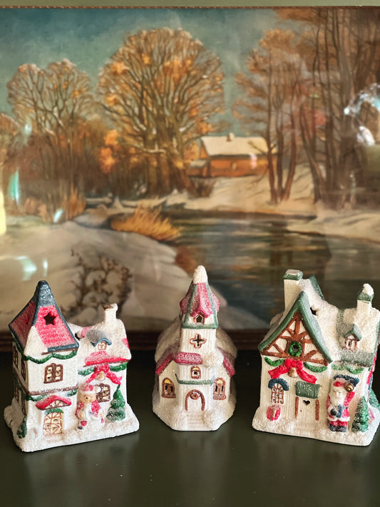 set of 3 sugared christmas village houses