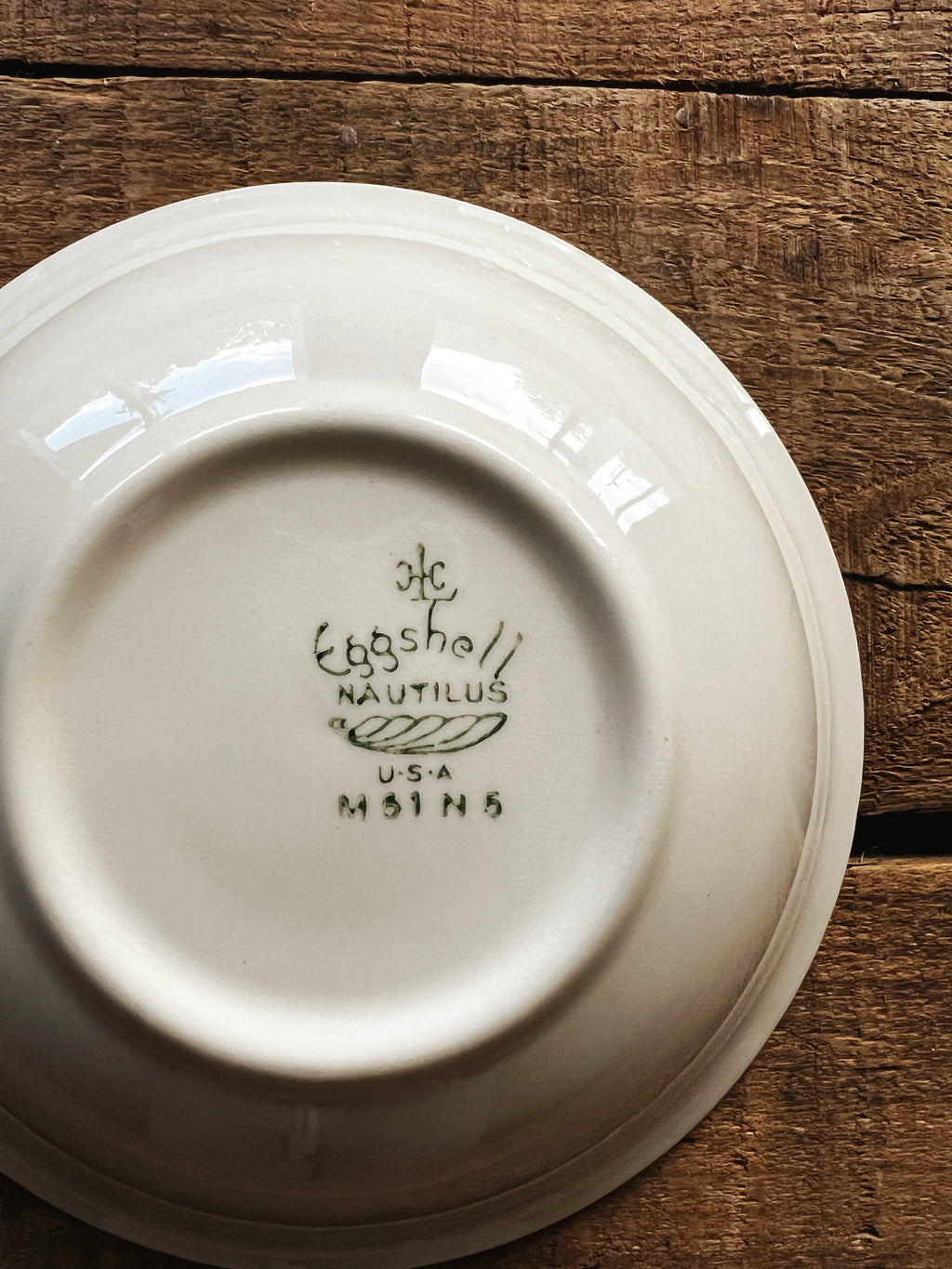 Close up of backstamp on vintage Eggshell Nautilus china bowl