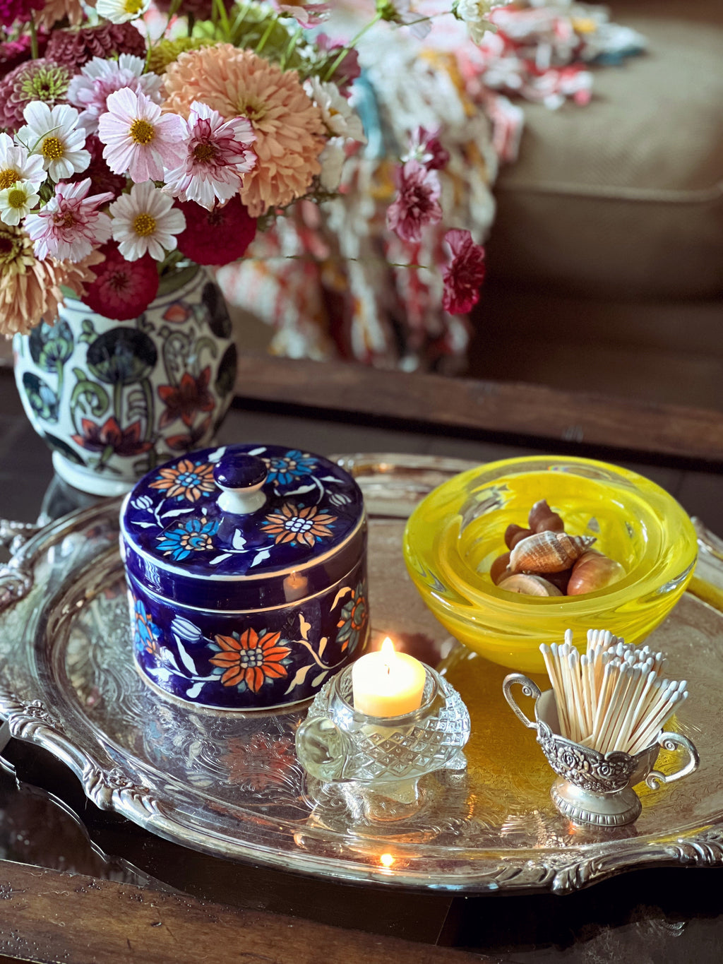 Blue Hand Painted Floral Trinket Jar with Lid