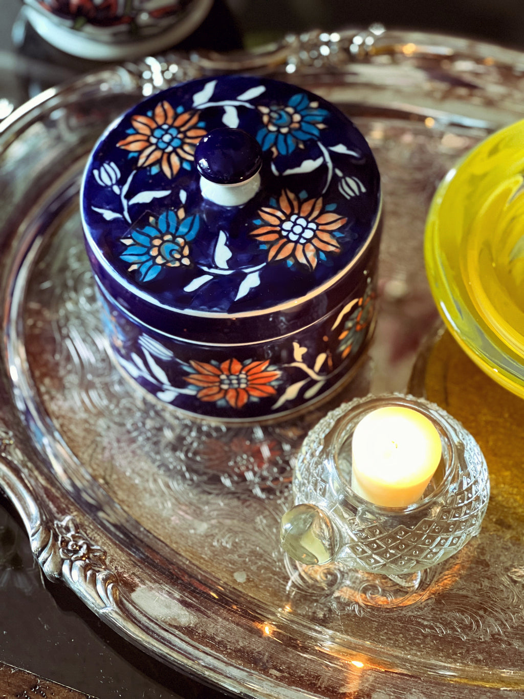 Blue Hand Painted Floral Trinket Jar with Lid