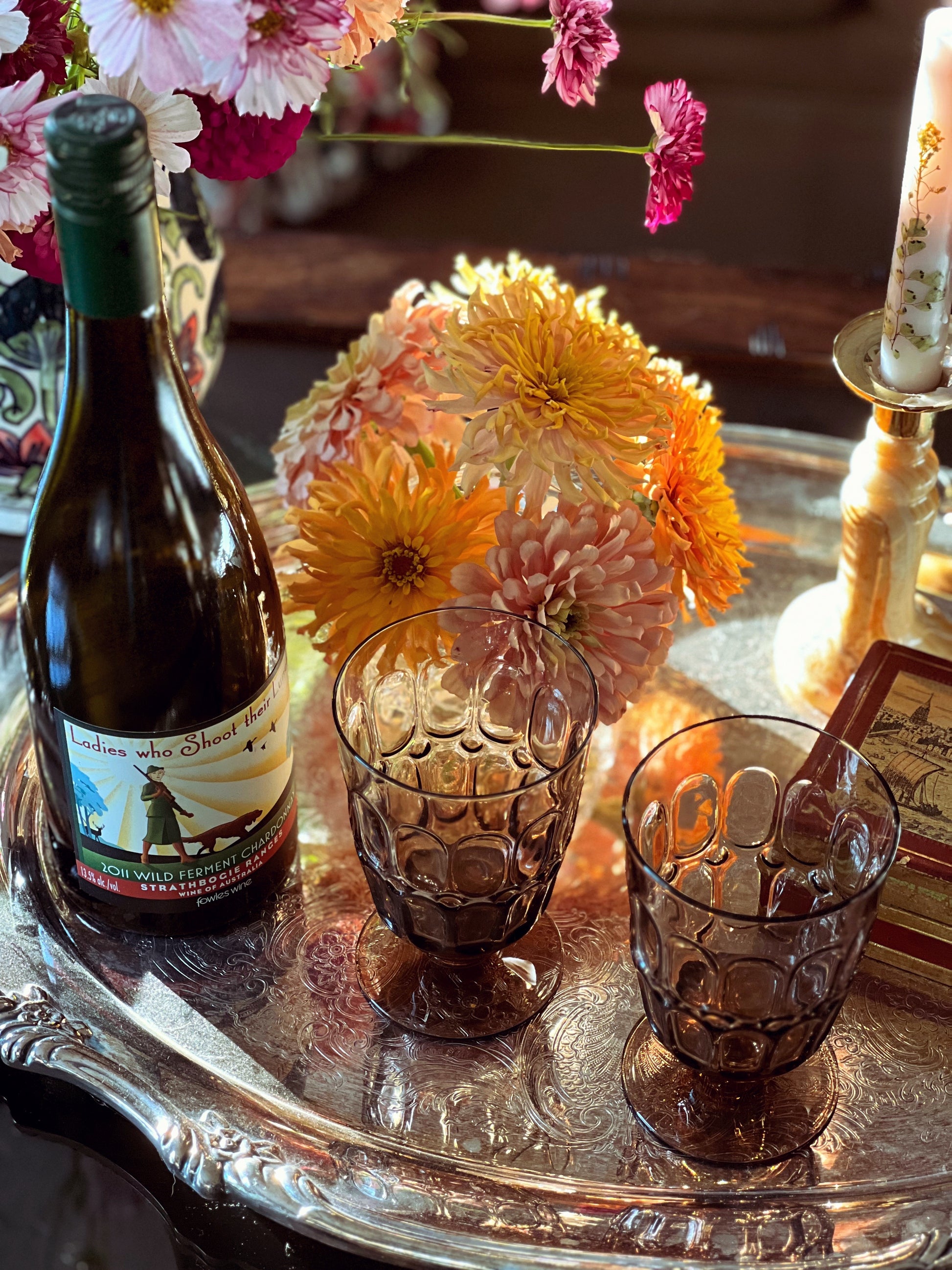 Vintage Pair of Crystal Eggplant 'Thumbprint' Wine Glasses