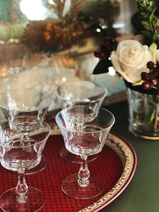 Fostoria Georgian champagnecoupes on a tray