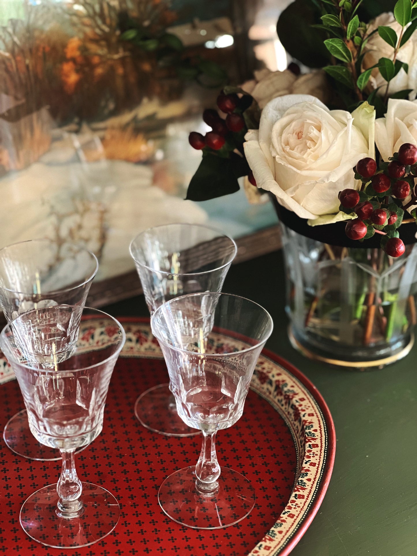 Fostoria Georgian wine glasses on a tray