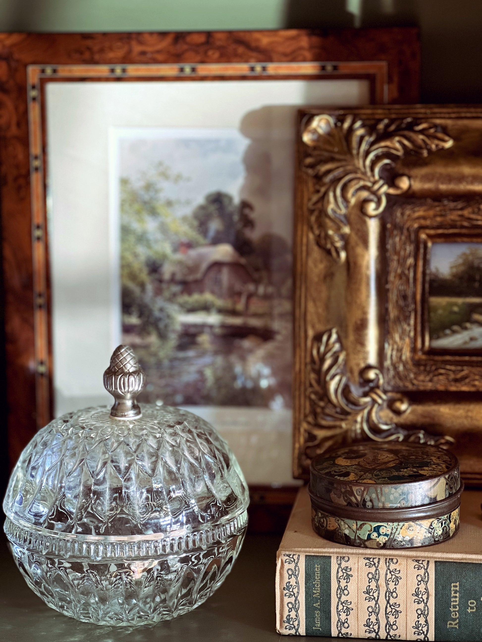 Vintage Cut Glass Bowl with Lid and Silver Finial
