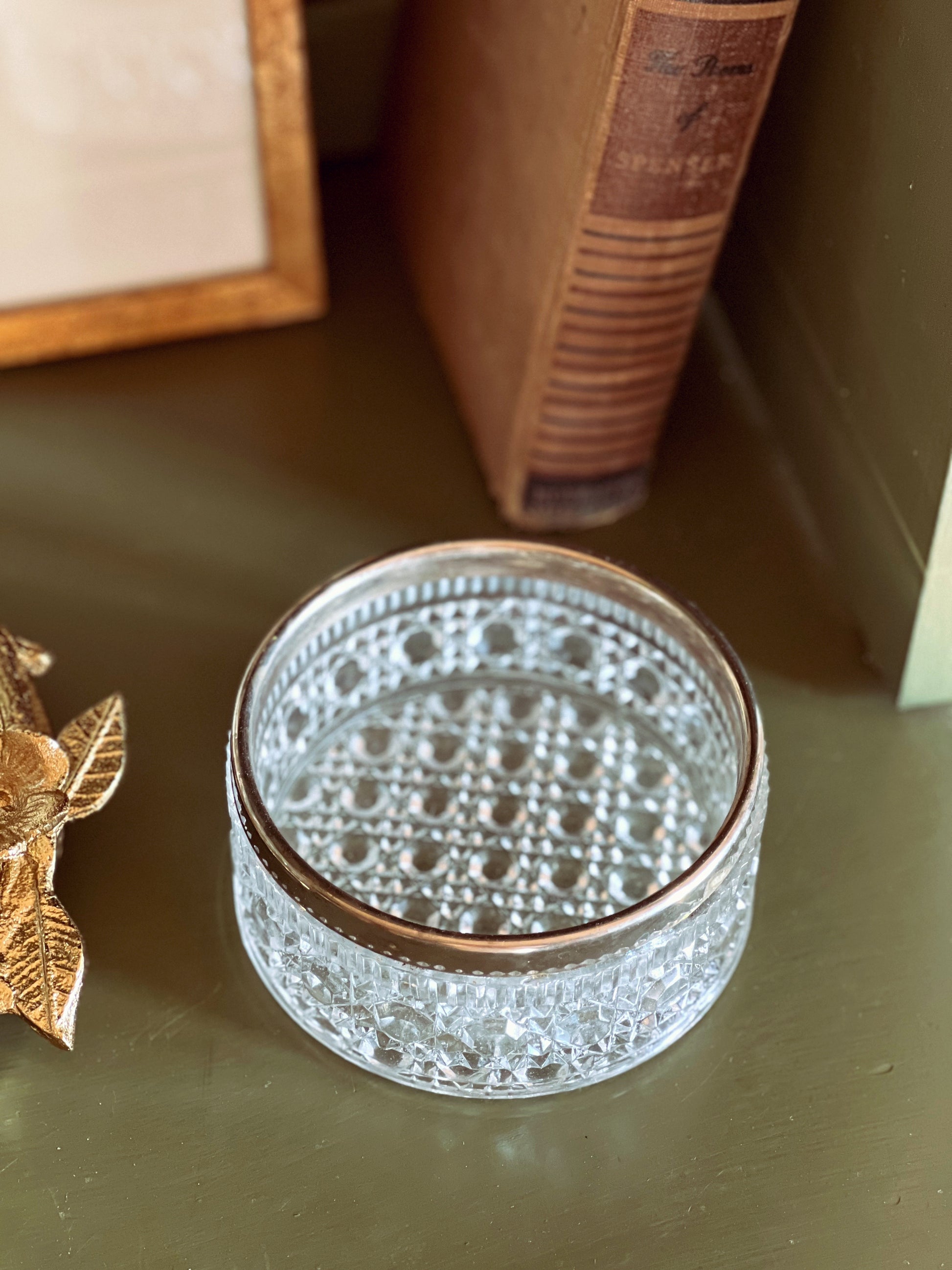 Vintage Cut Glass Bowl with Silver Rim