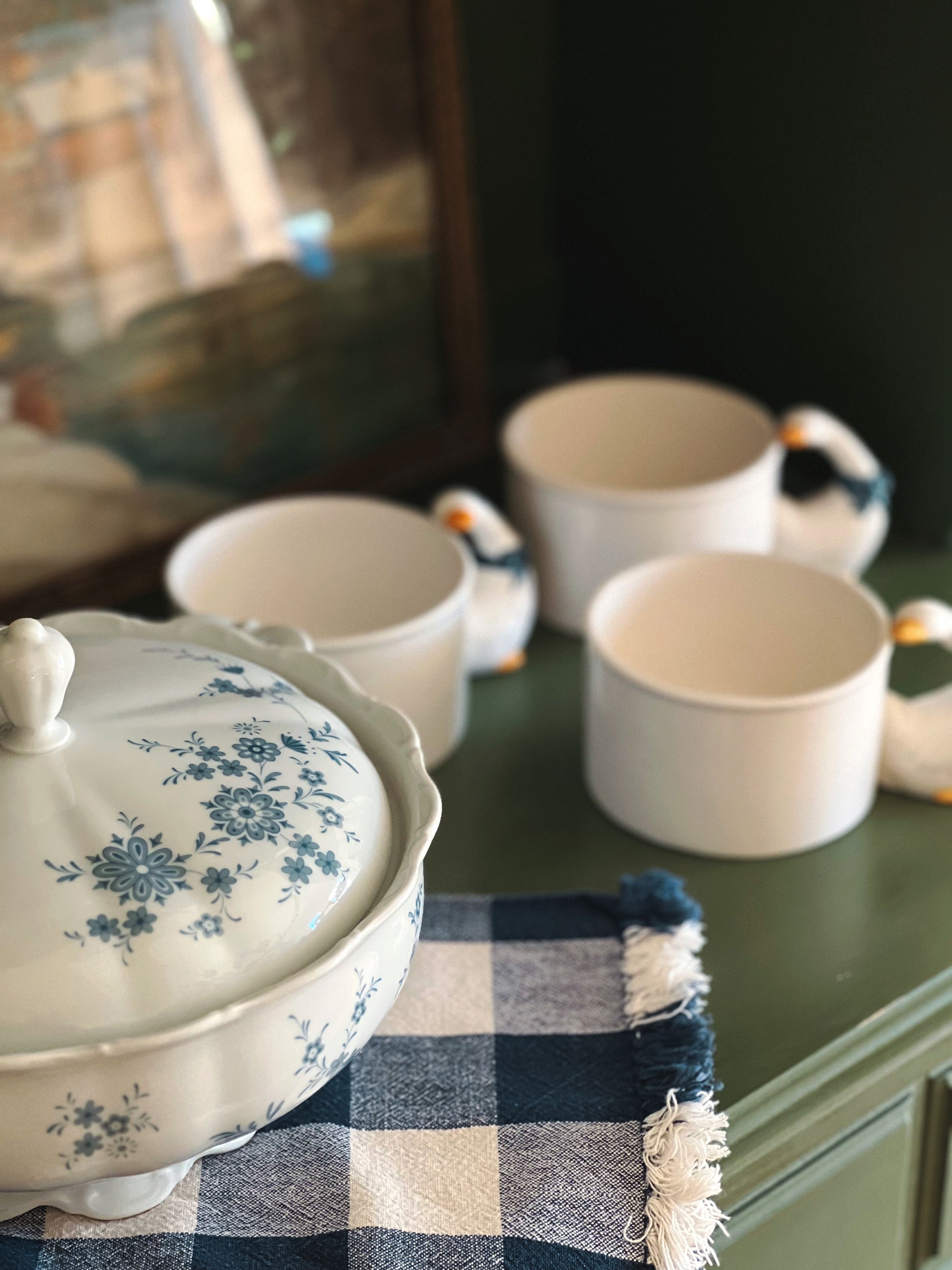 navy blue buffalo plaid napkin on a shelf