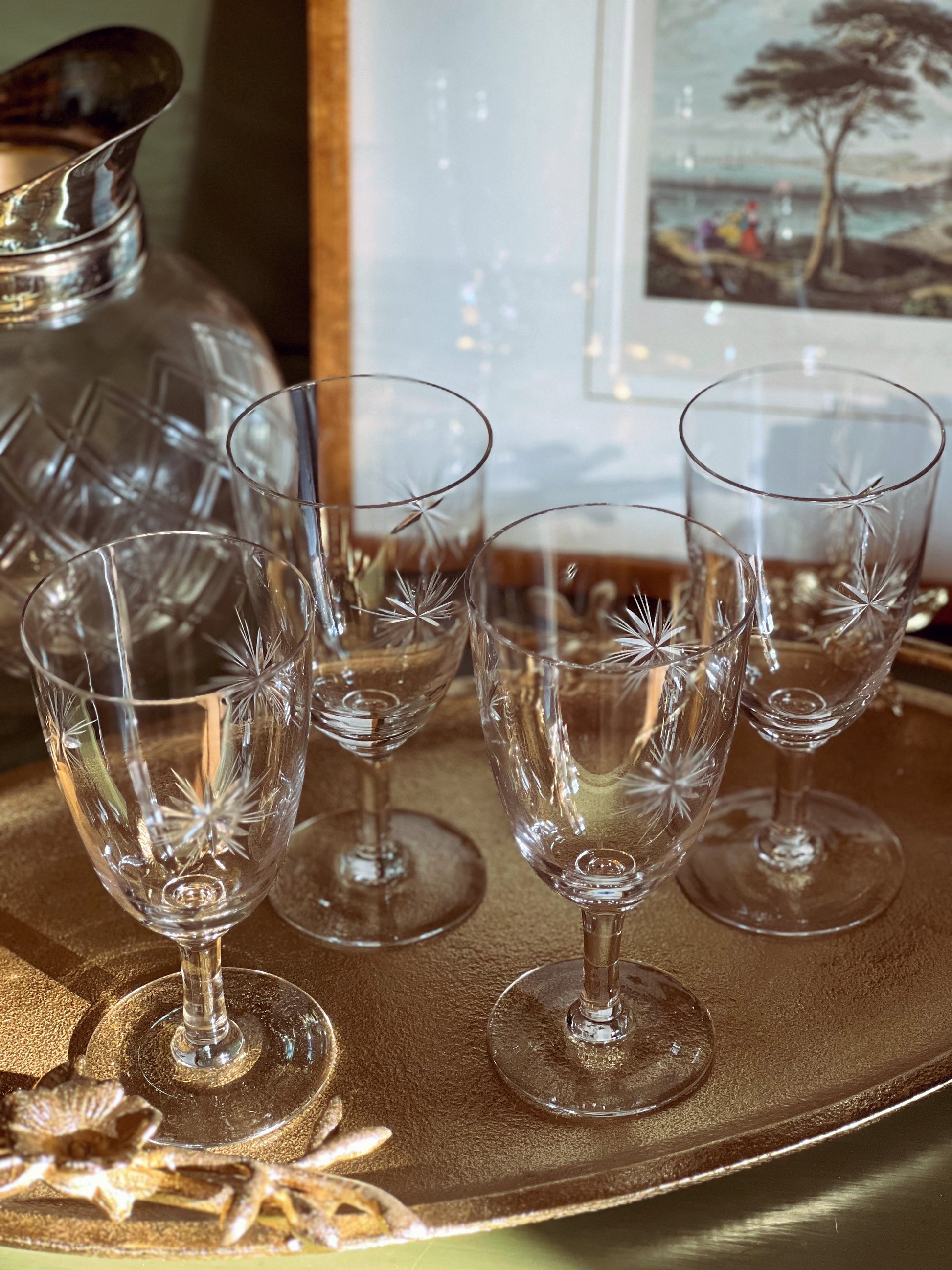 Set of 4 Vintage Etched Starburst Crystal Wine Glasses