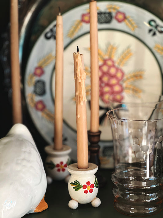 Pair of Vintage Hand Painted Wood Candleholders for Tiny Taper Candles