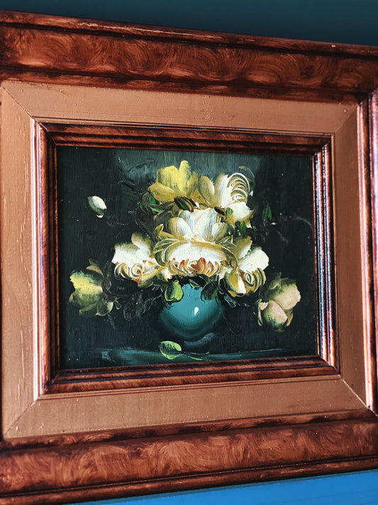 Vintage Framed Still Life Painting Floral Oil on Board