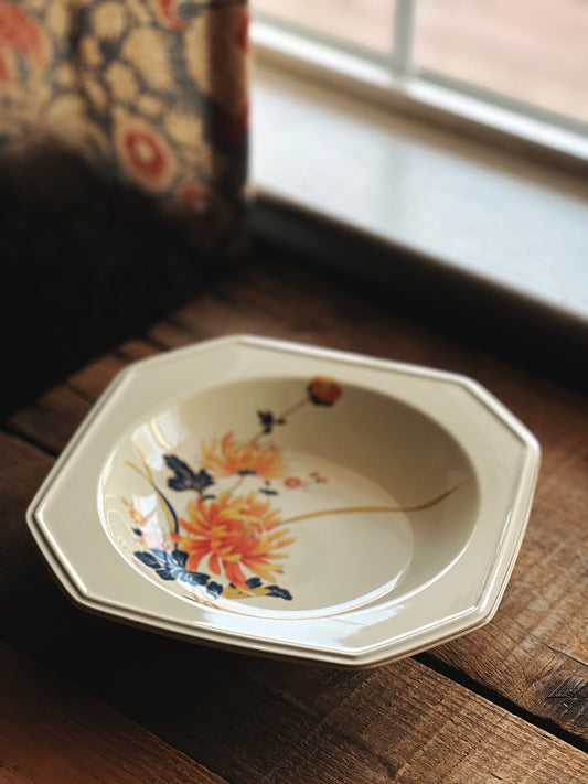 navy and orange square bowl with a chrysanthemum design