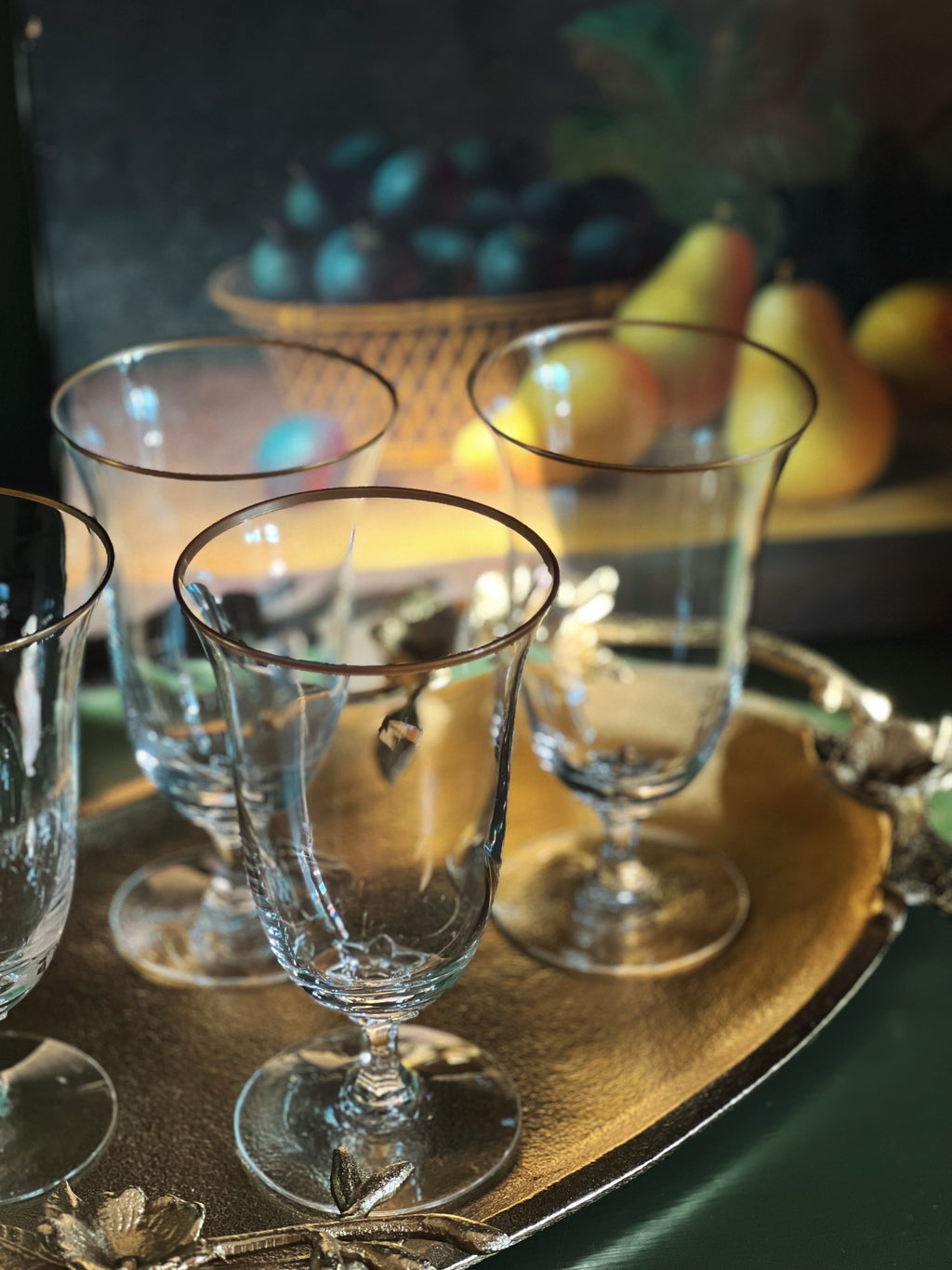 Set of 4 Vintage Crystal Gold Rim Iced Tea Glasses
