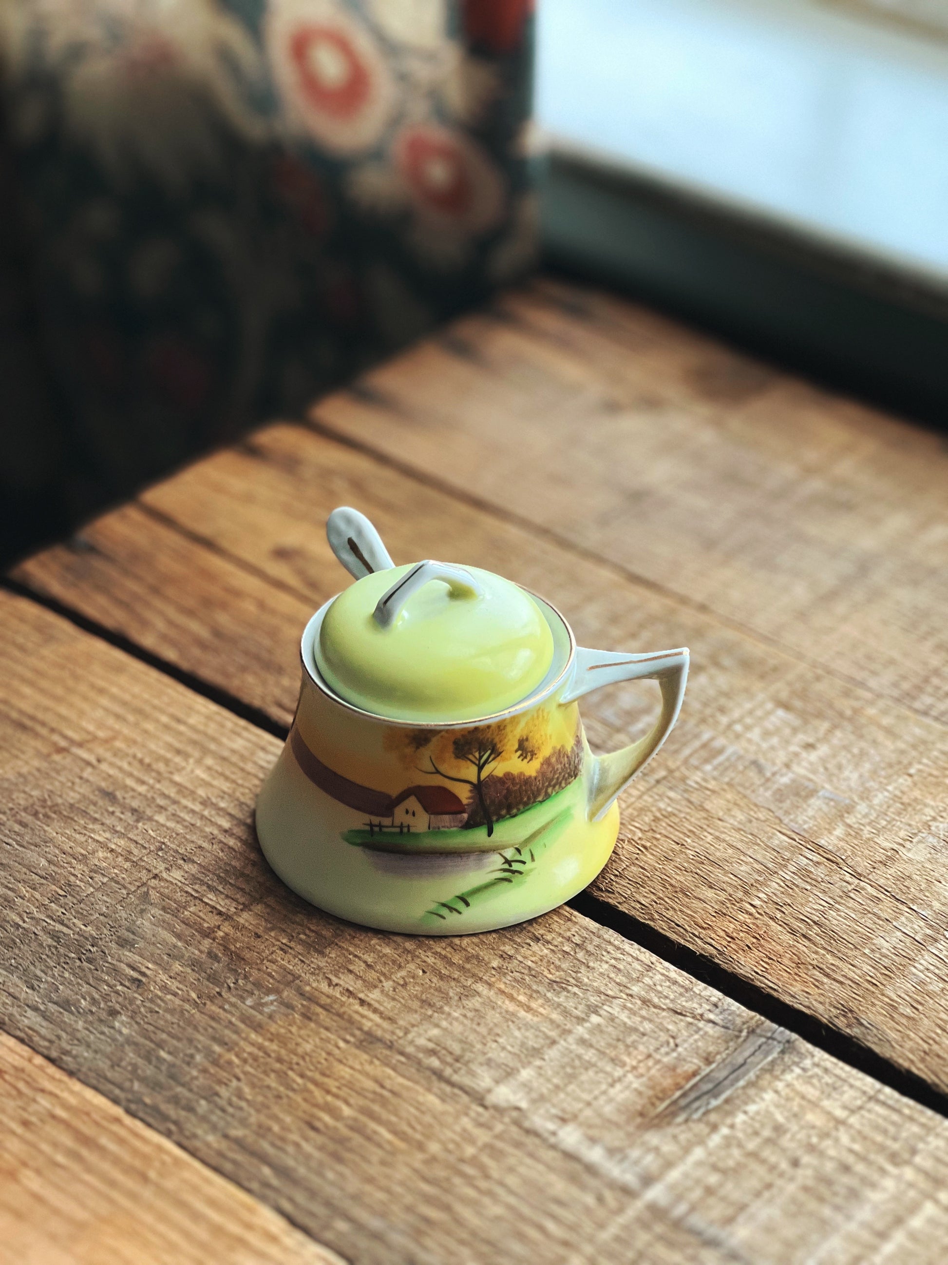 small sugar bowl and spoon set with a hand painted landscape design