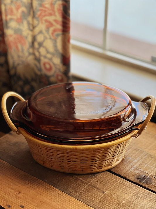 vintage amber baking dish in a two handle basket