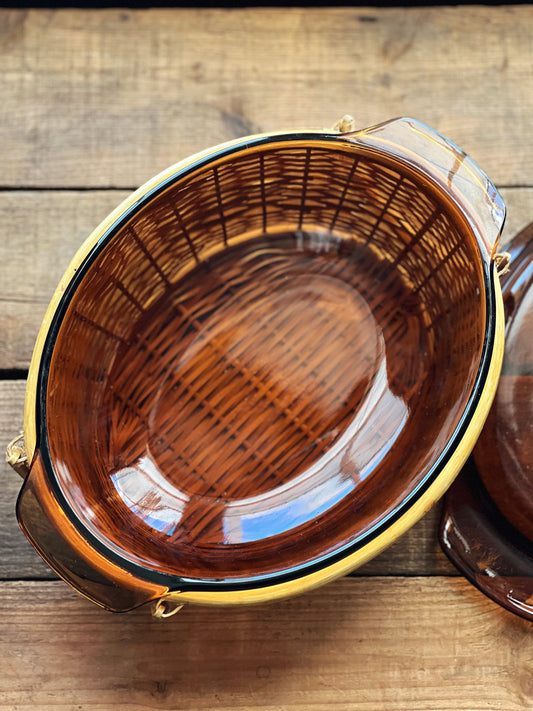 Vintage Fire King Amber Baking Dish with Lid and Serving Basket