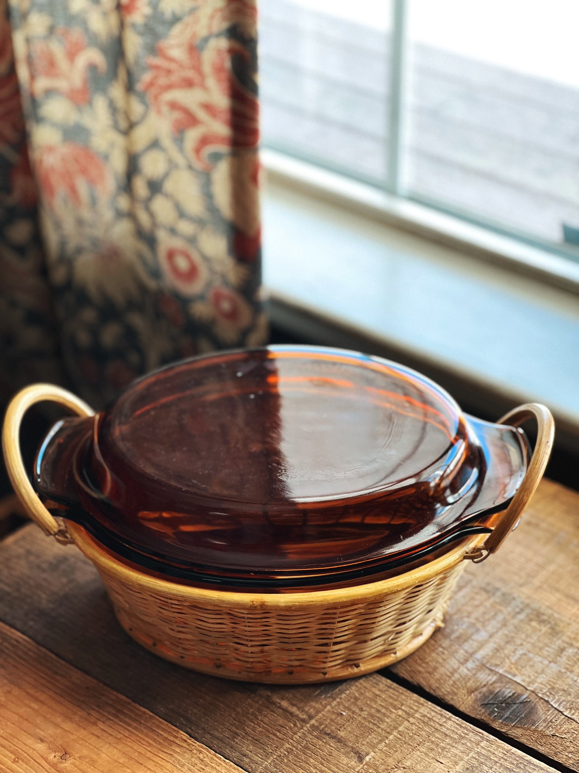 Vintage Fire King Amber Baking Dish with Lid and Serving Basket