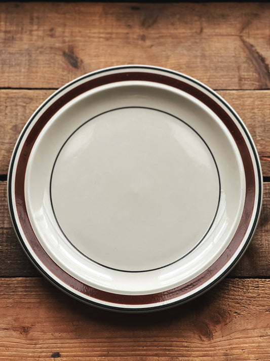 stoneware dinner plate with a chocolate brown rim