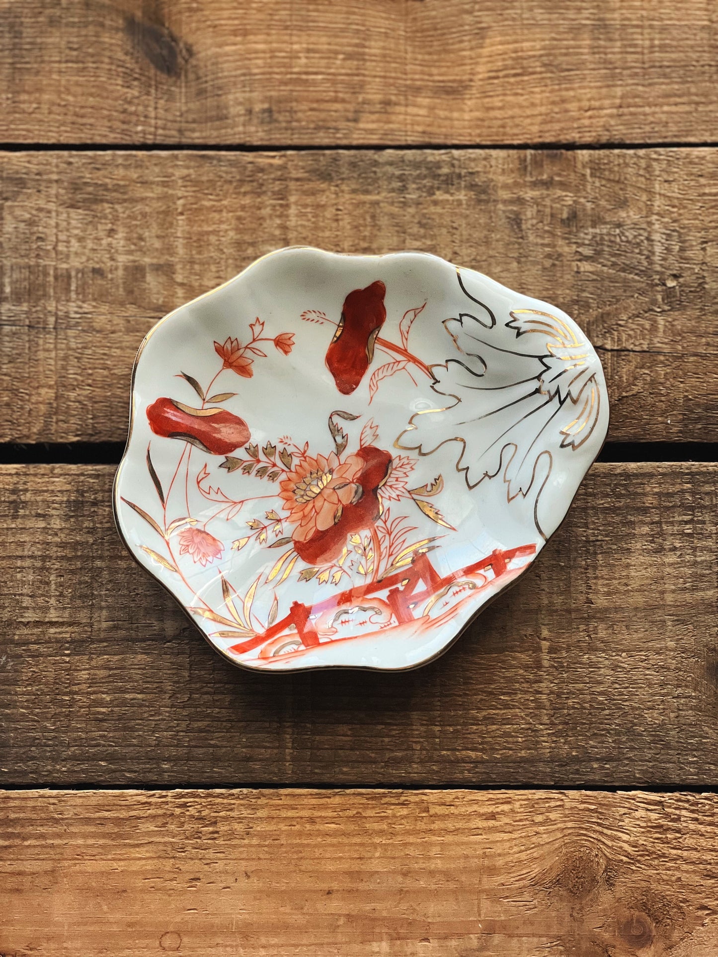 Vintage Hand Painted Coral and Gold Shell Bowl