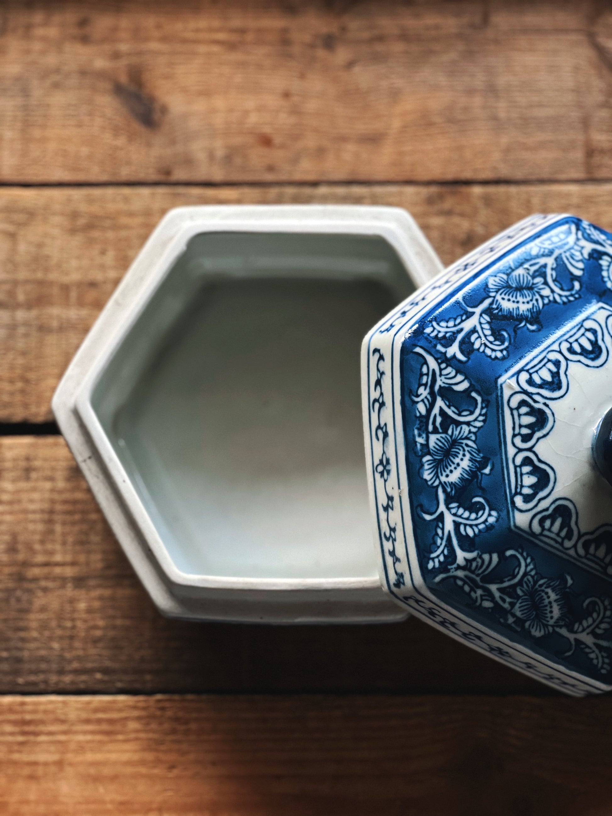 Vintage Blue and White Porcelain Trinket Box with Lid
