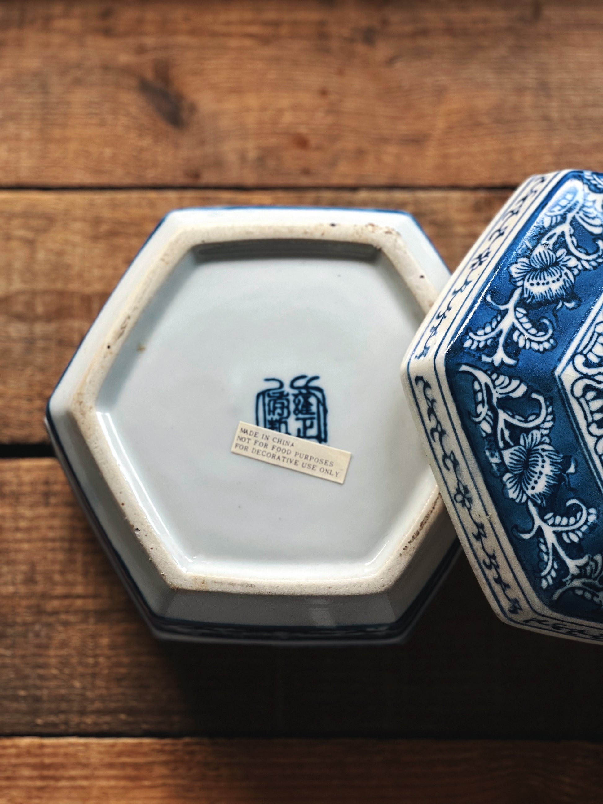 Vintage Blue and White Porcelain Trinket Box with Lid