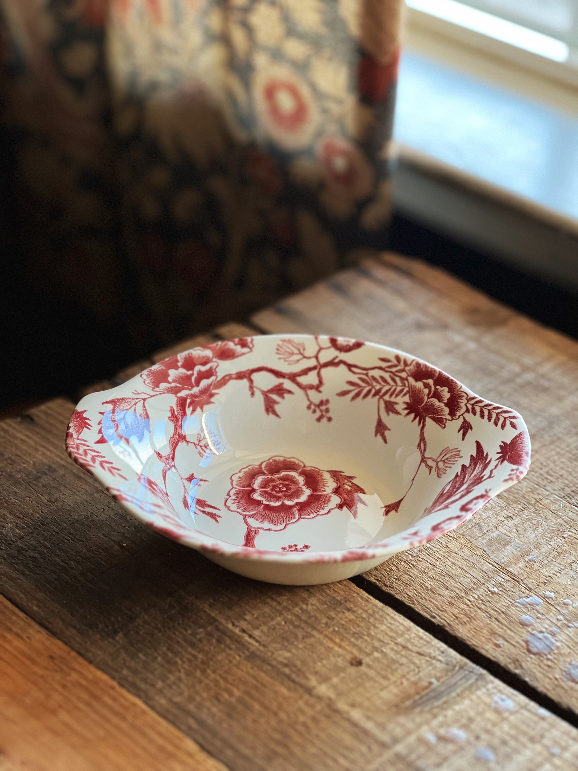 pink transferware bowl with handles