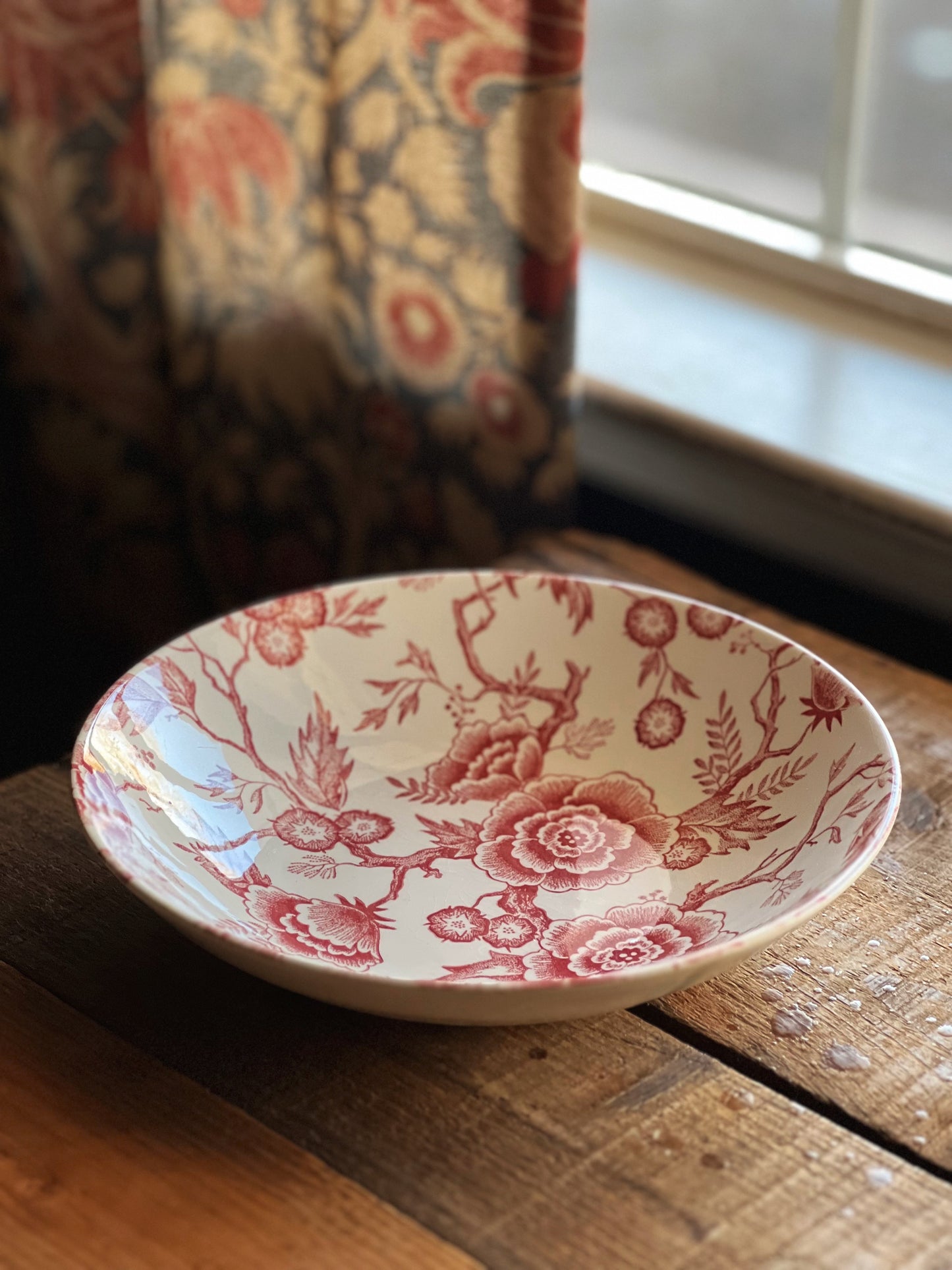 pink floral transferware vegetable bowl