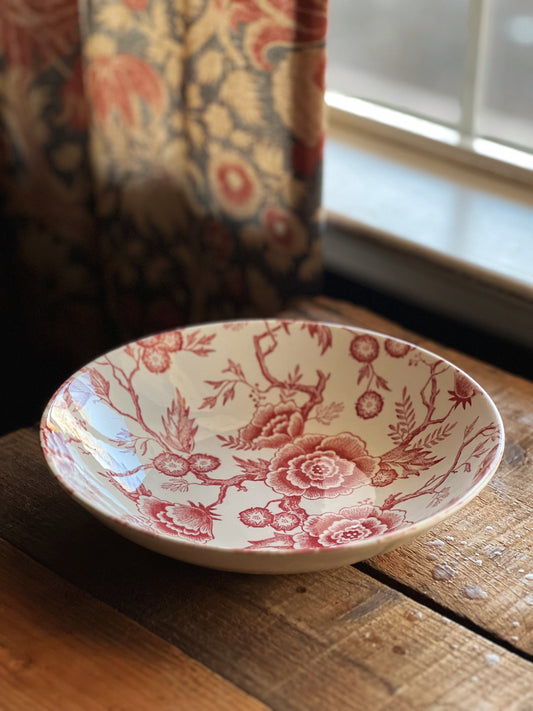 pink floral transferware vegetable bowl