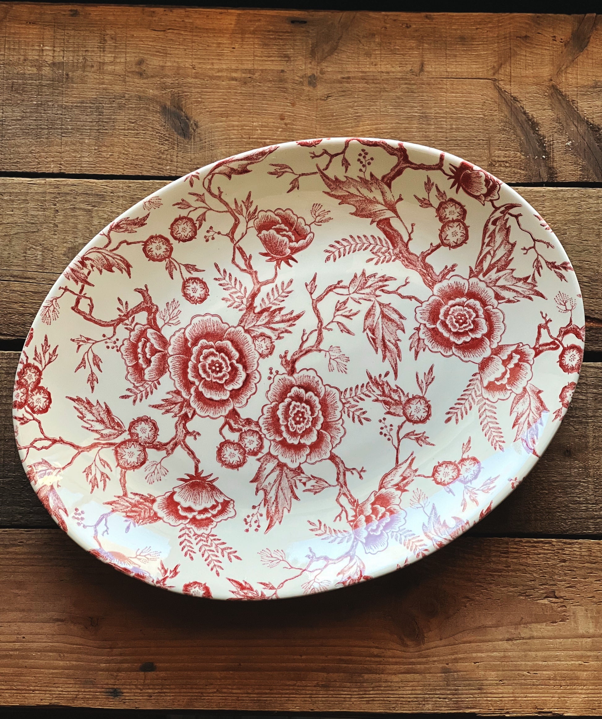 pink transferware oval platter