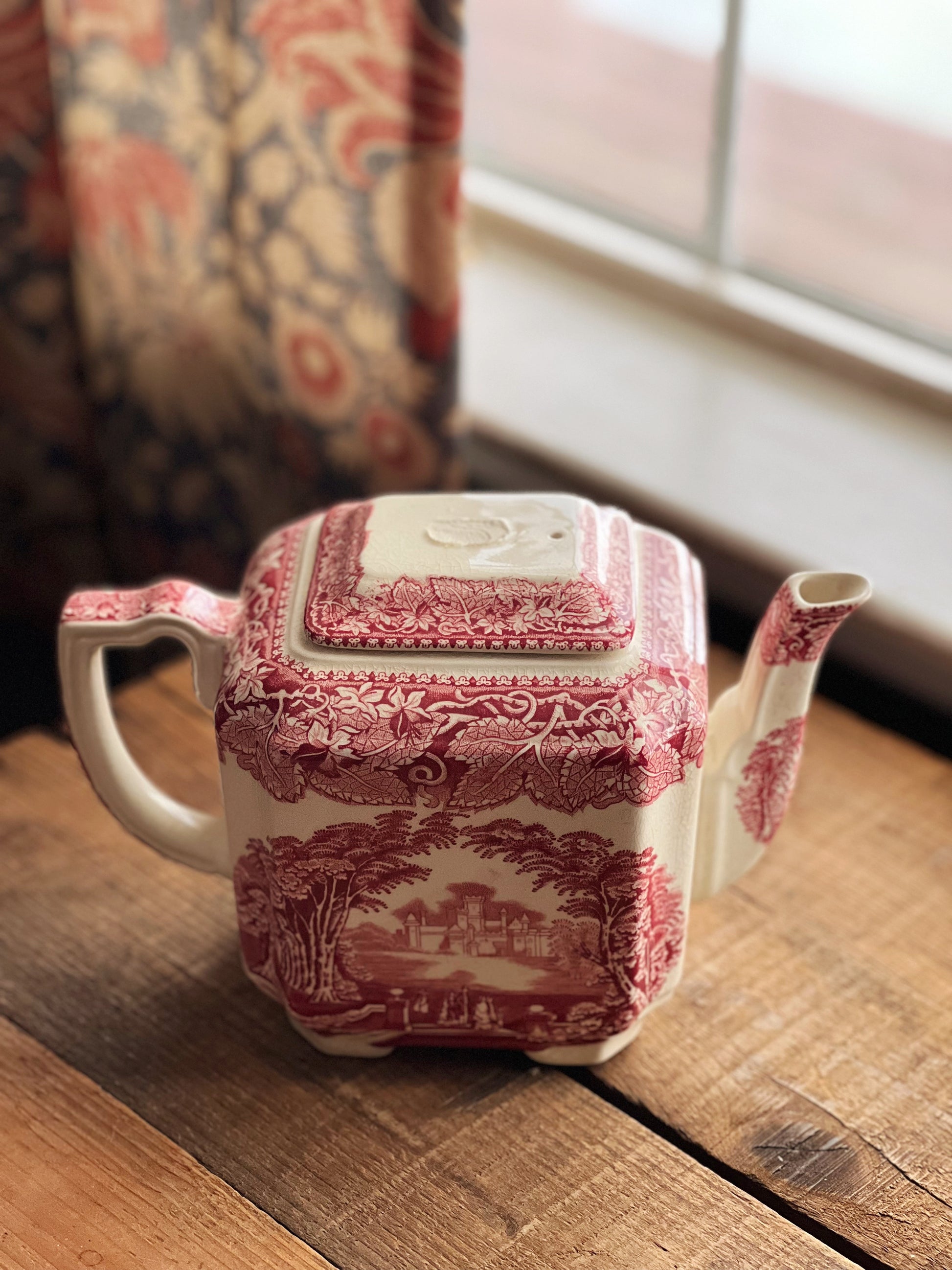 pink transferware teapot