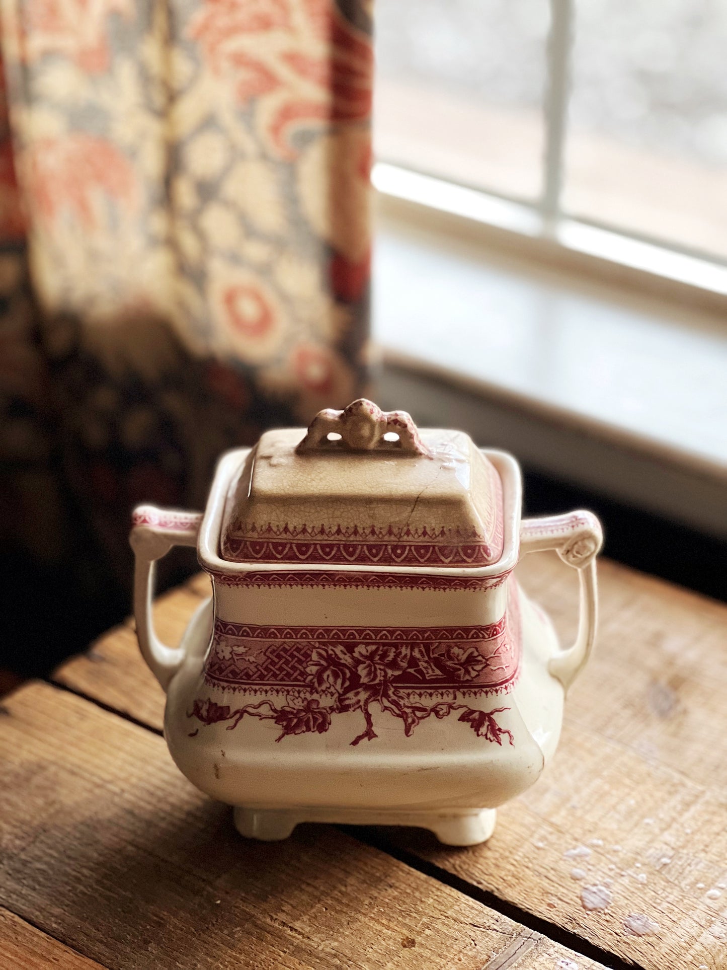 pink transferware biscuit jar