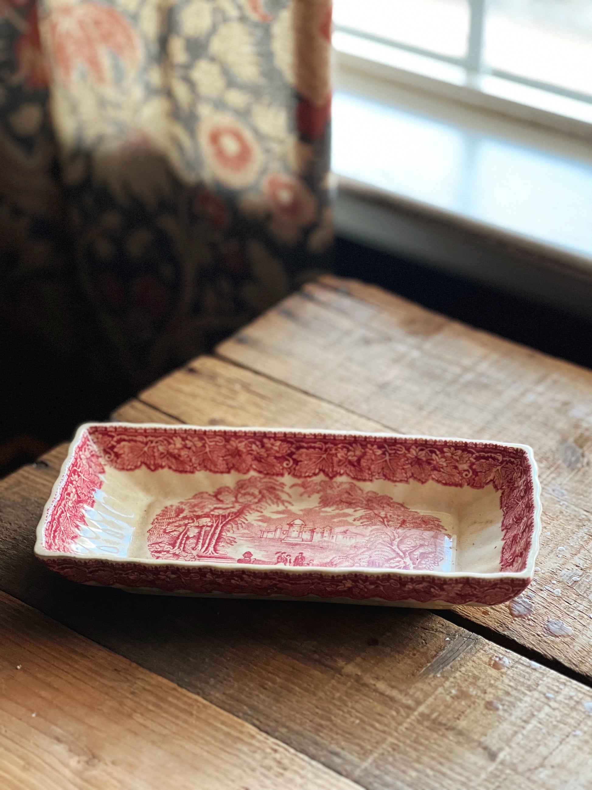 rectangular pink transferware dish