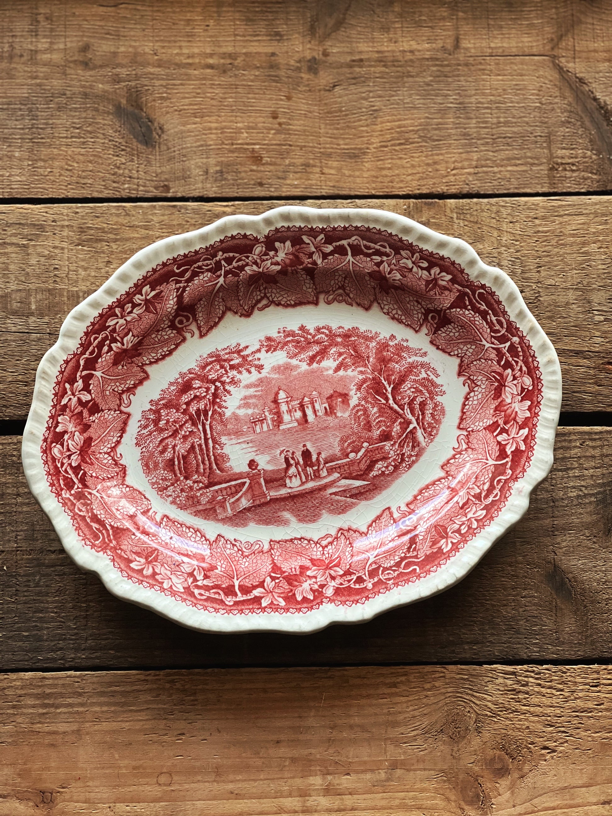 small oval pink transferware platter