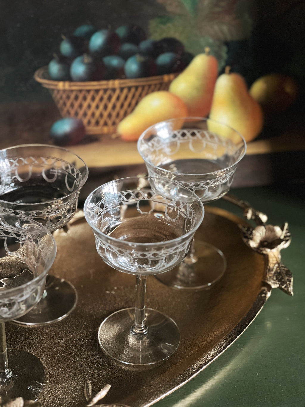 Set of 4 Vintage Etched Crystal Champagne Coupes