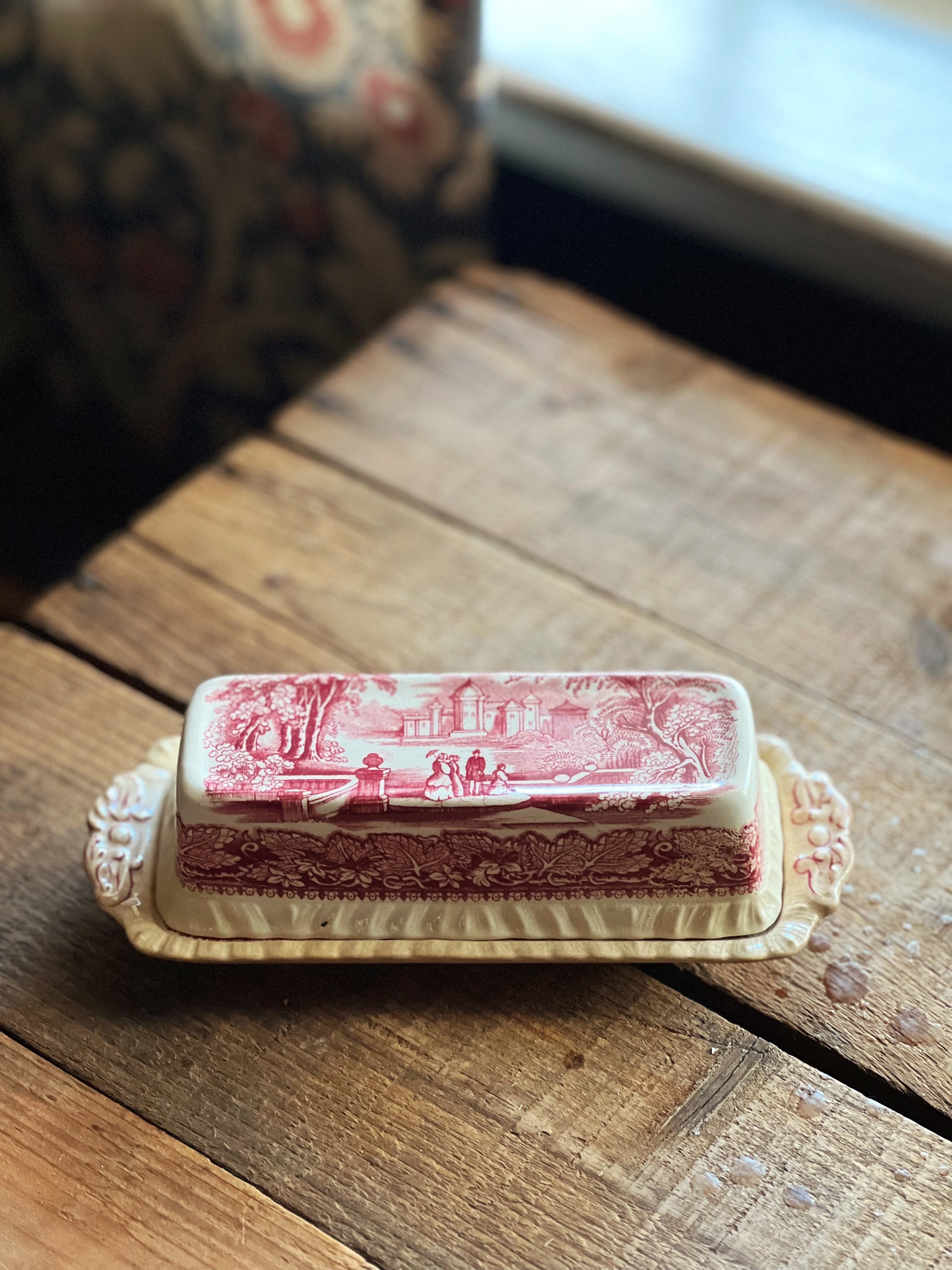 pink transferware butter dish