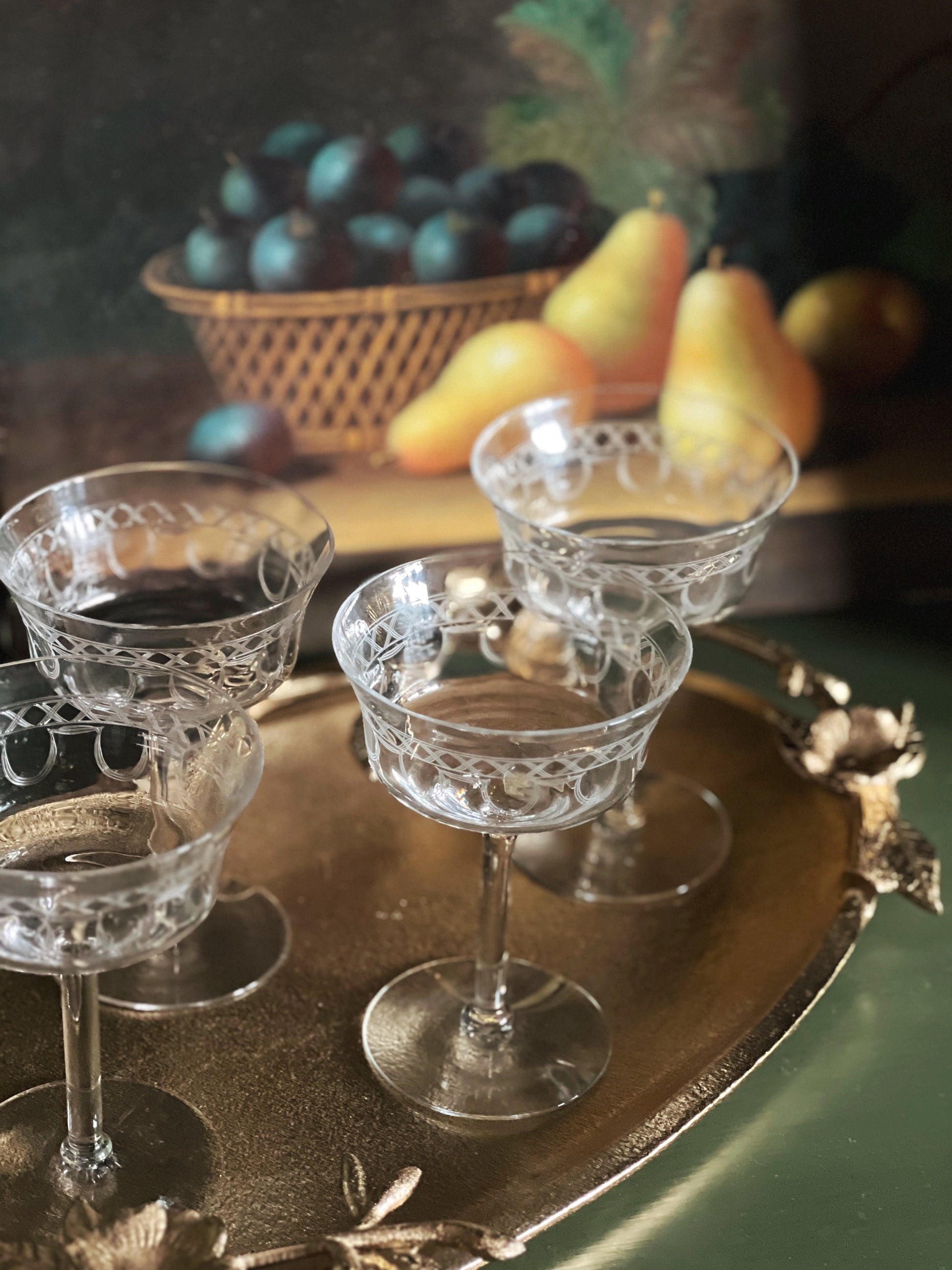 Set of 4 Vintage Etched Crystal Champagne Coupes