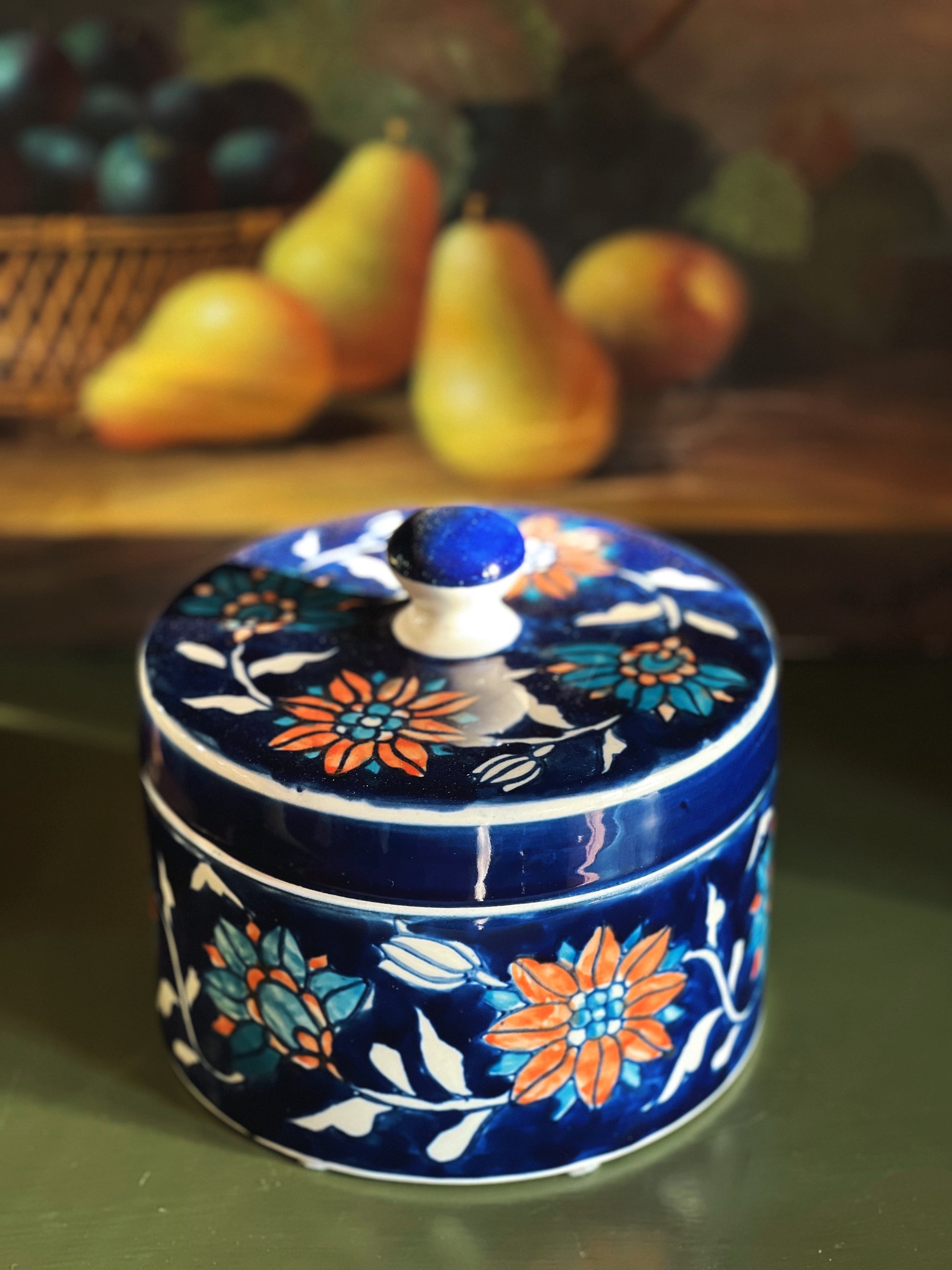 Vintage Blue Hand Painted Floral Trinket Jar with Lid