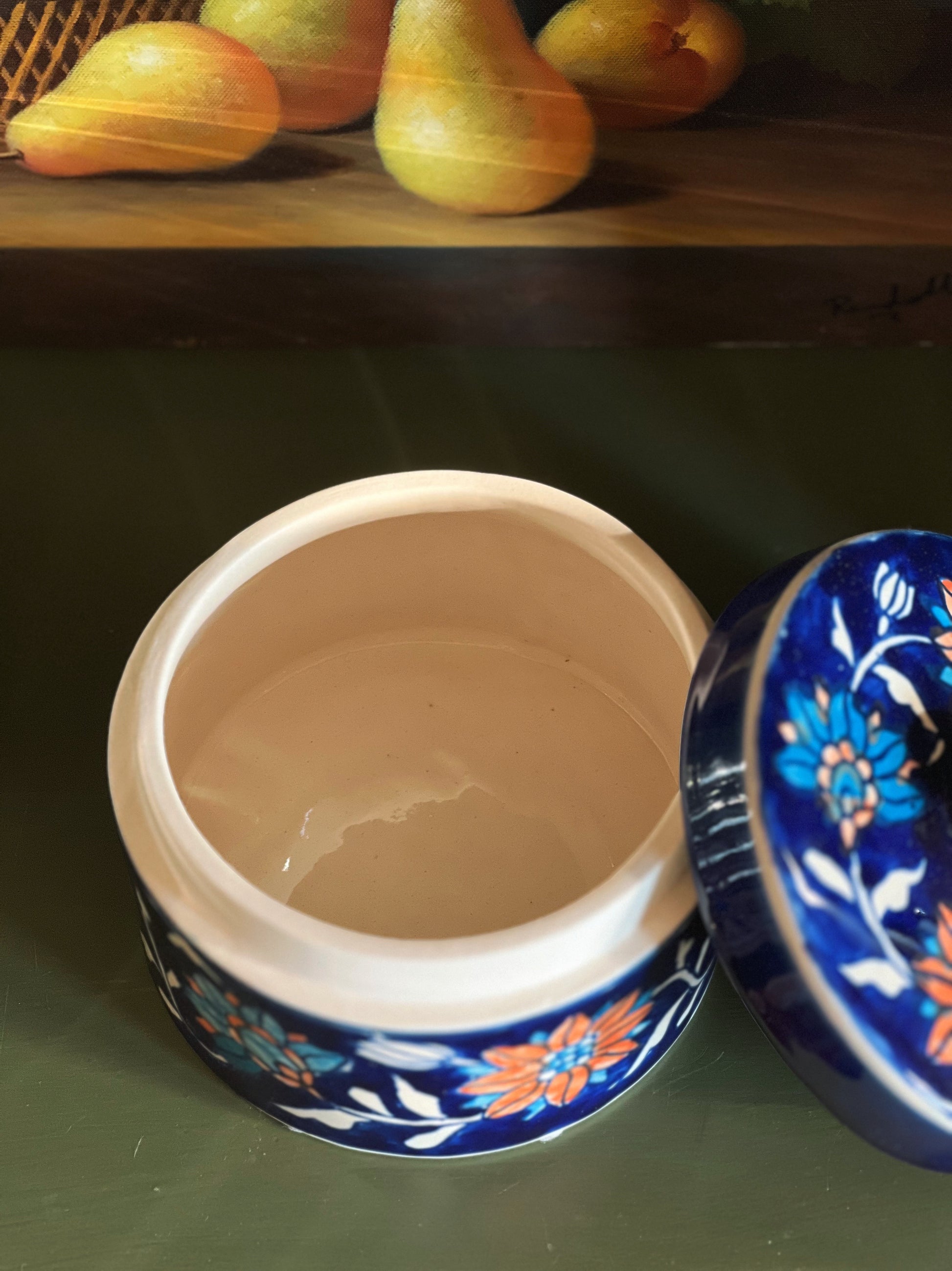 Vintage Blue Hand Painted Floral Trinket Jar with Lid