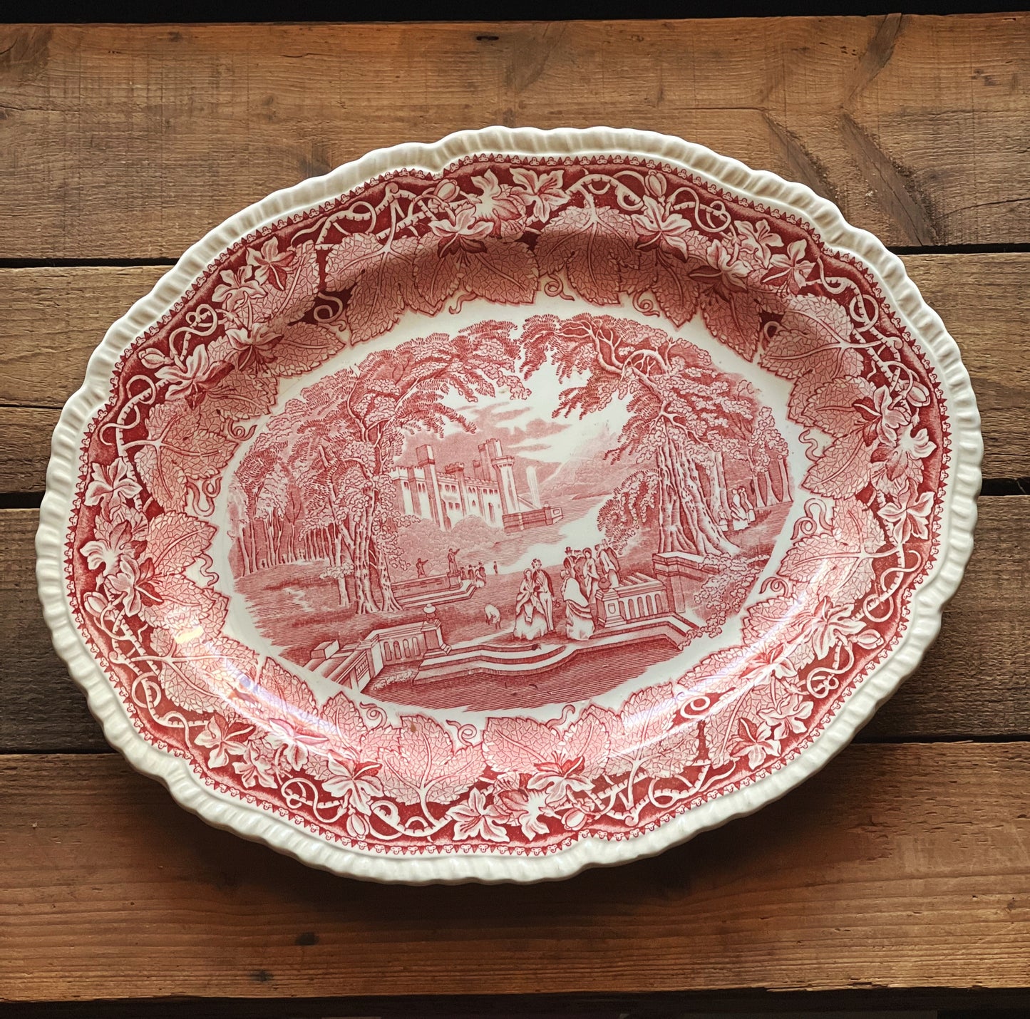 large oval pink transferware platter