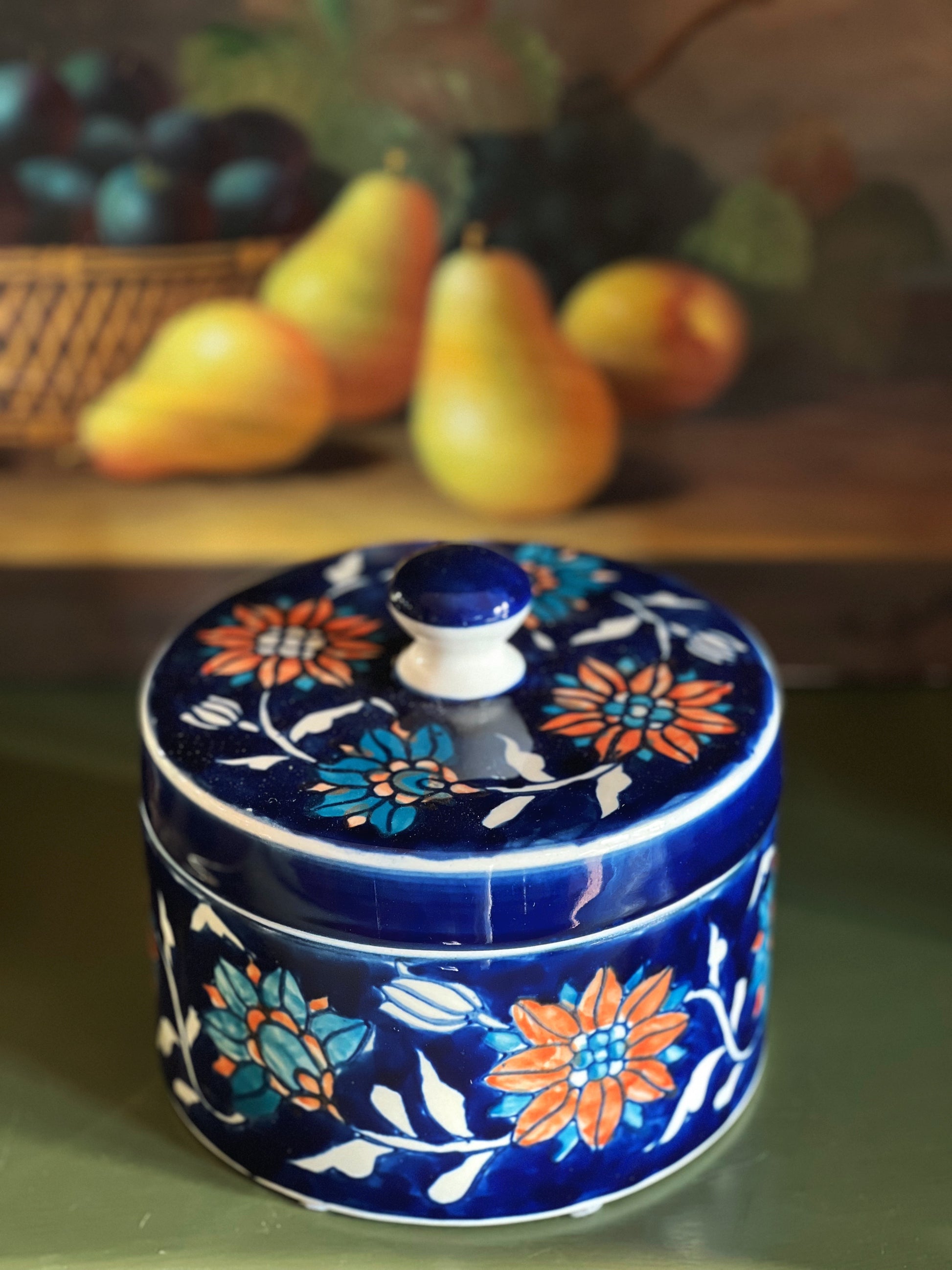 Vintage Blue Hand Painted Floral Trinket Jar with Lid