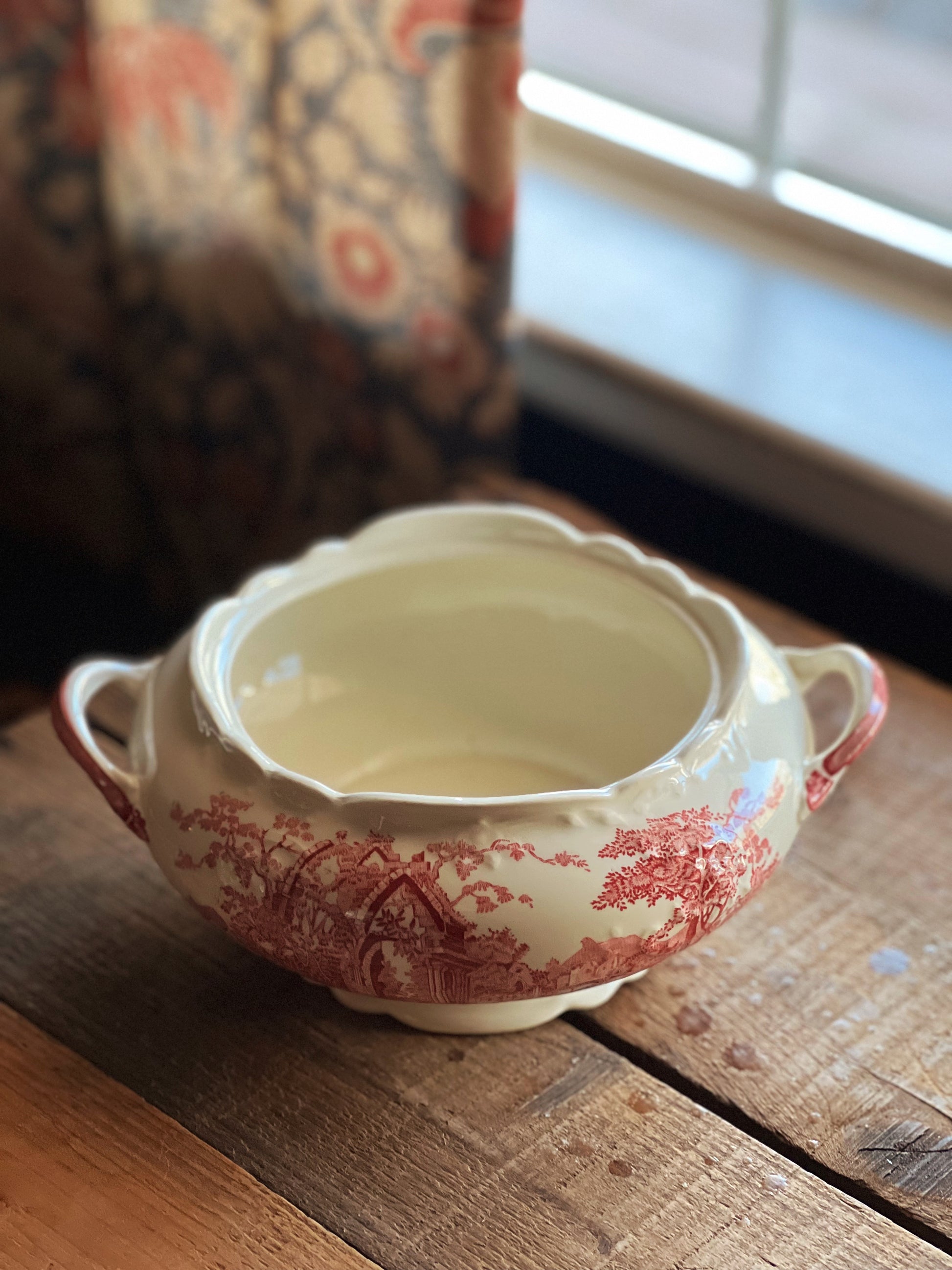 pink transferware serving bowl