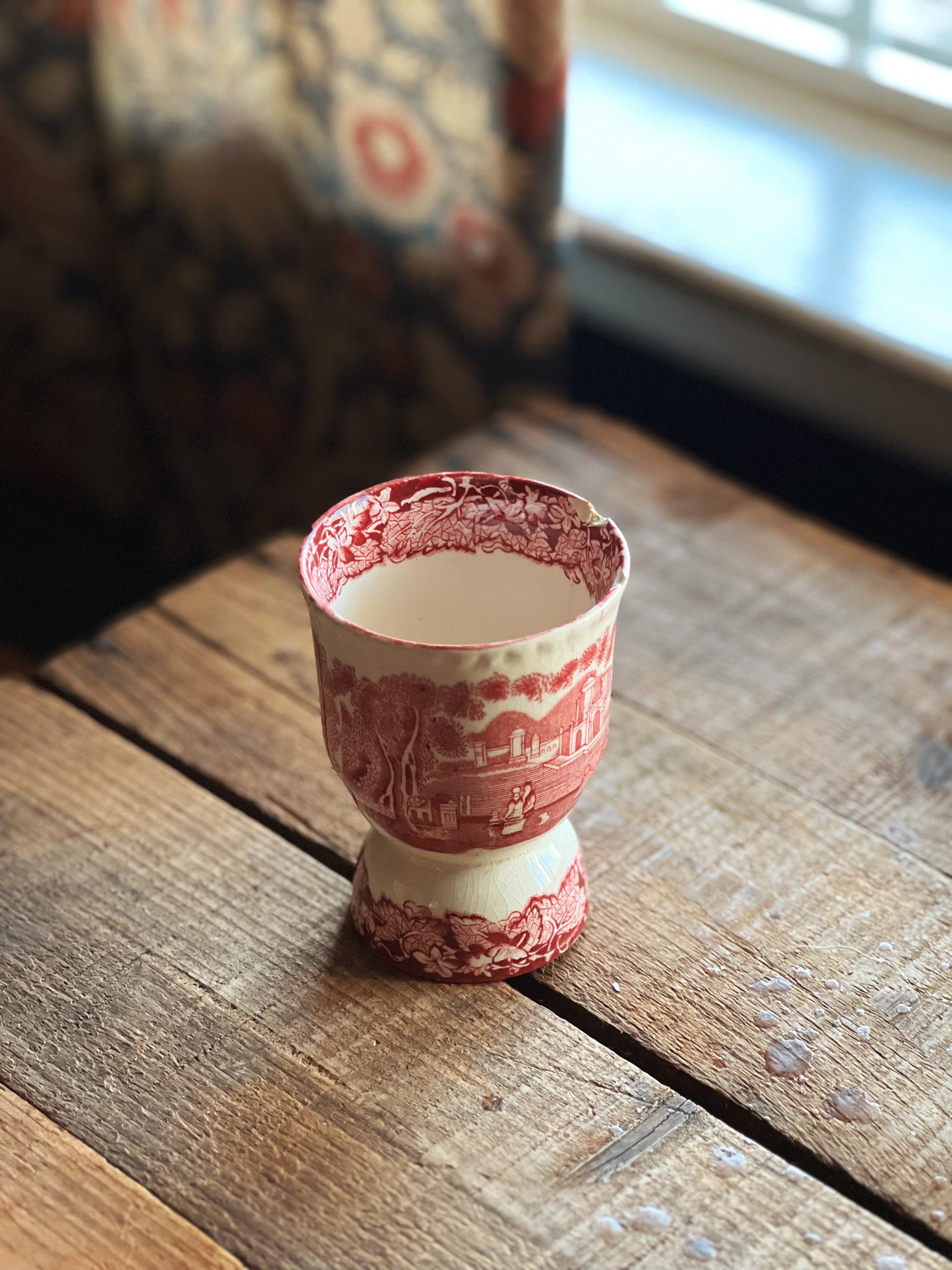 pink transferware double egg cup