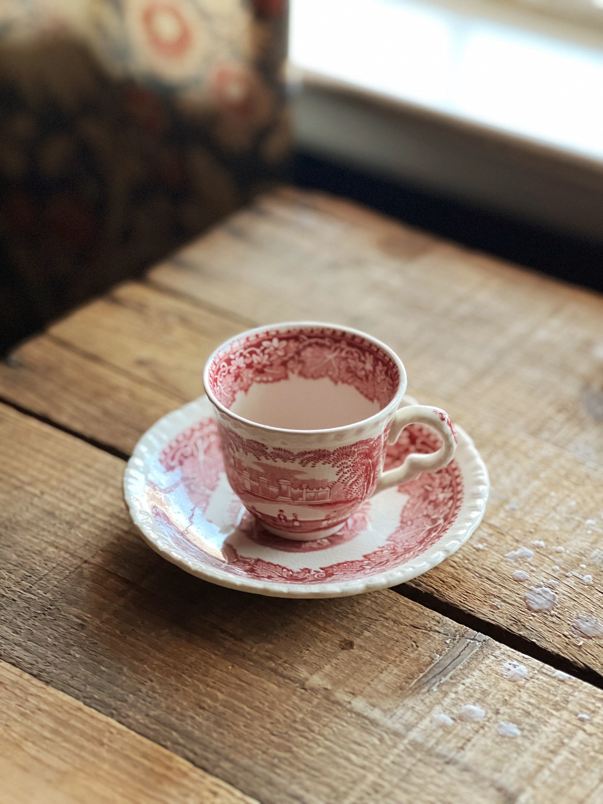 pink transferware demitasse up and saucer set