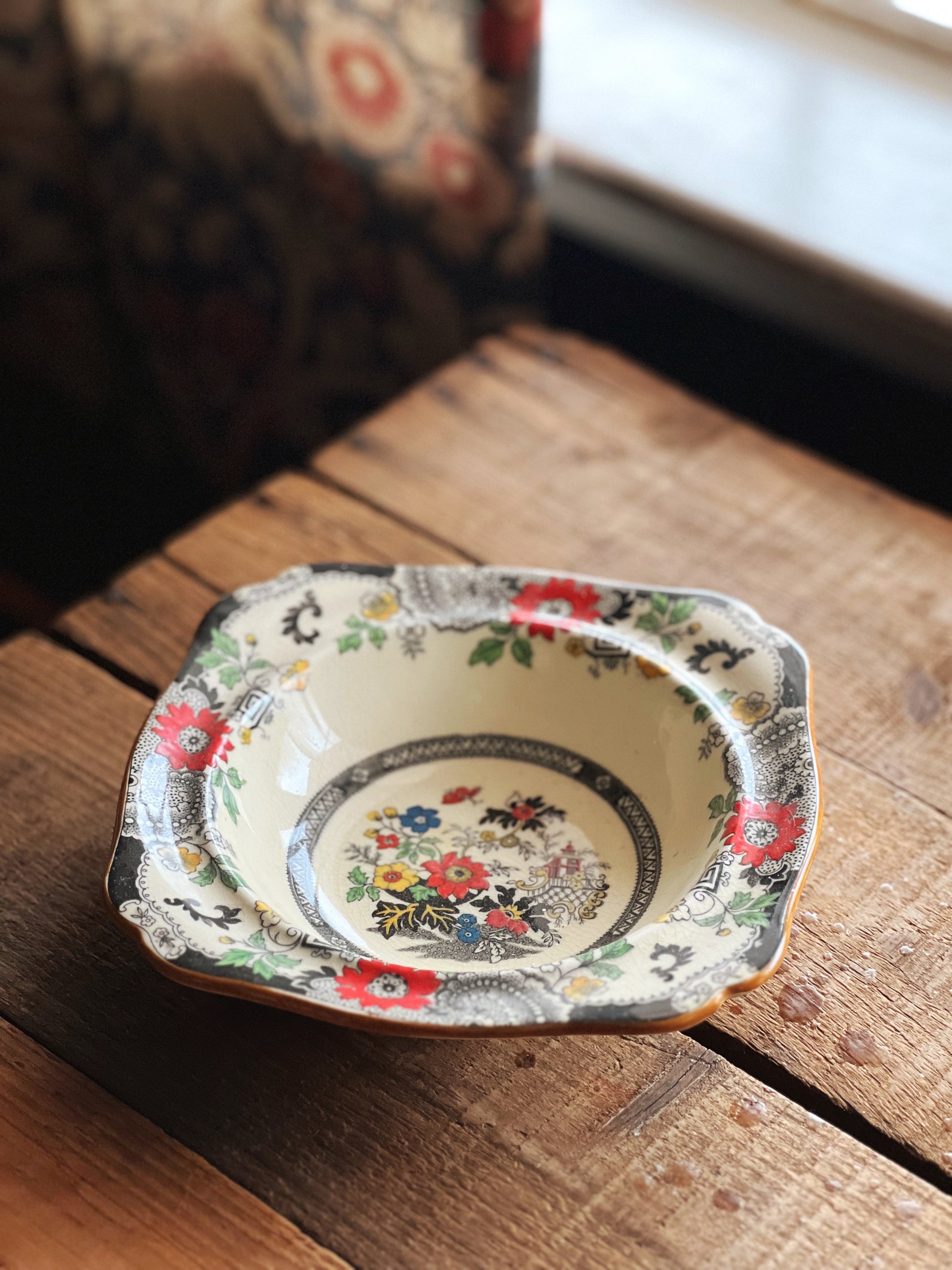 square cereal bowl with black transferware design