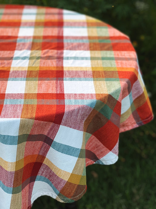 Round Plaid Vintage Tablecloth
