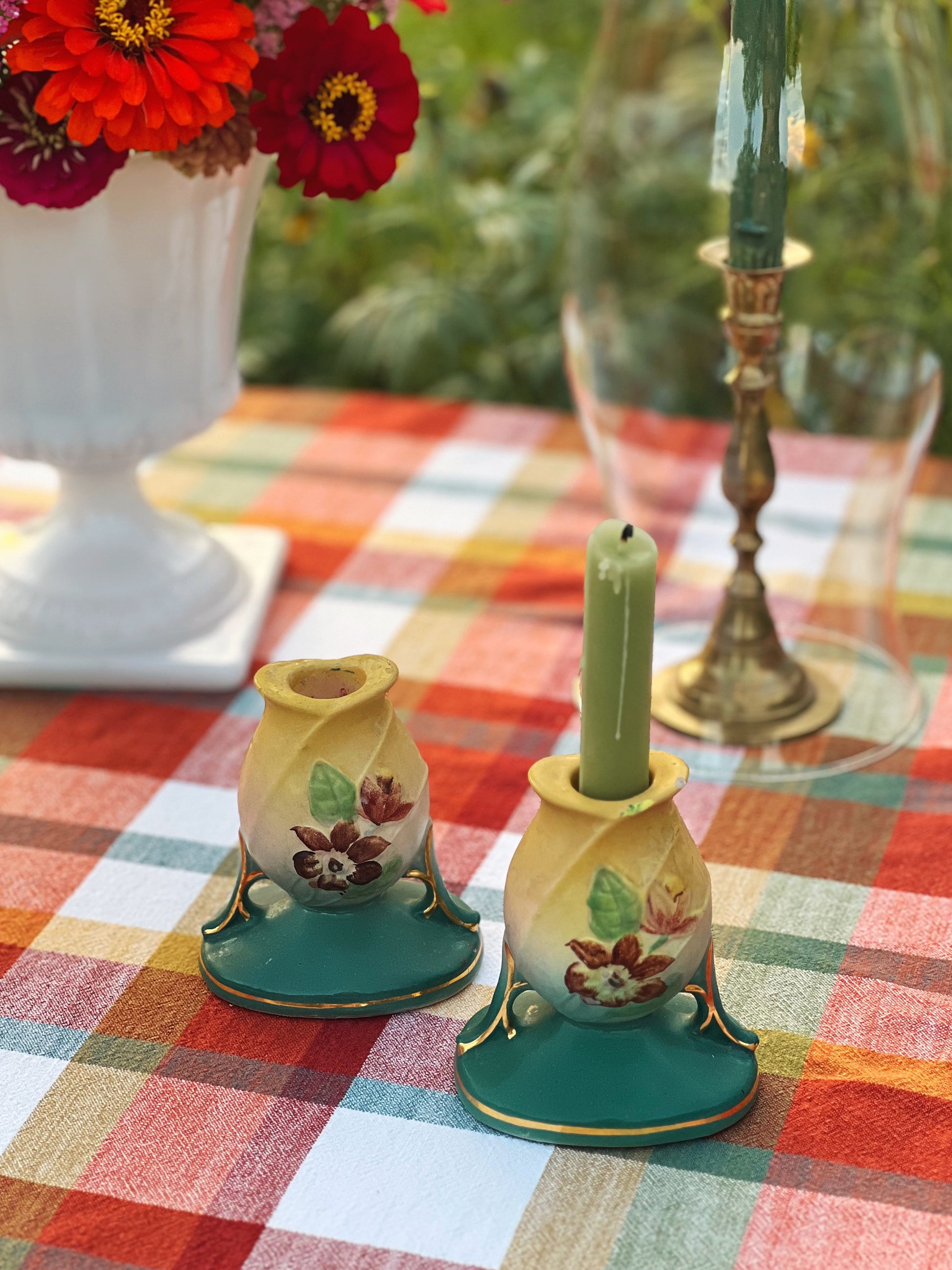 Hull Art Pottery Hand Painted Pair of Candleholders
