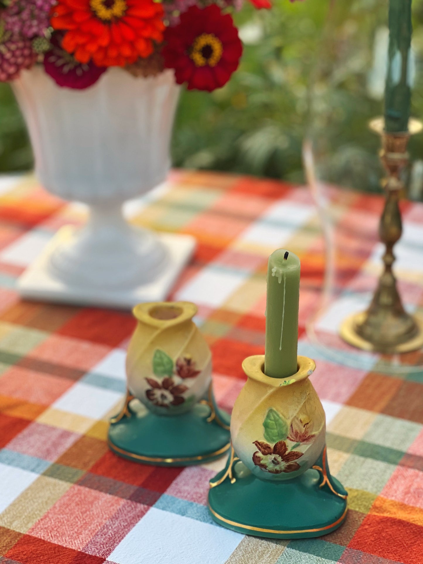 Hull Art Pottery Hand Painted Pair of Candleholders