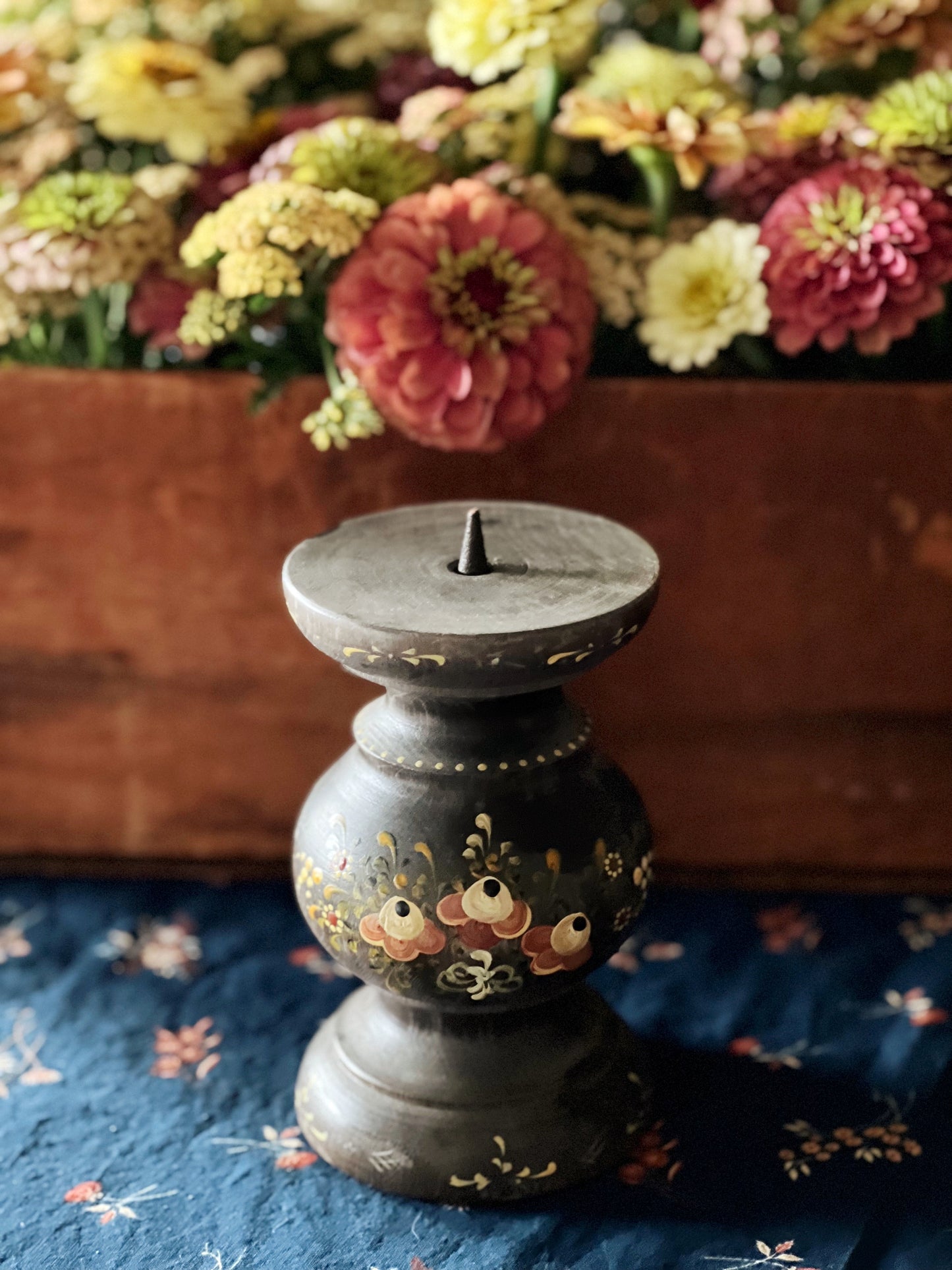 Hand Painted Vintage Wood Pillar Candle Holder