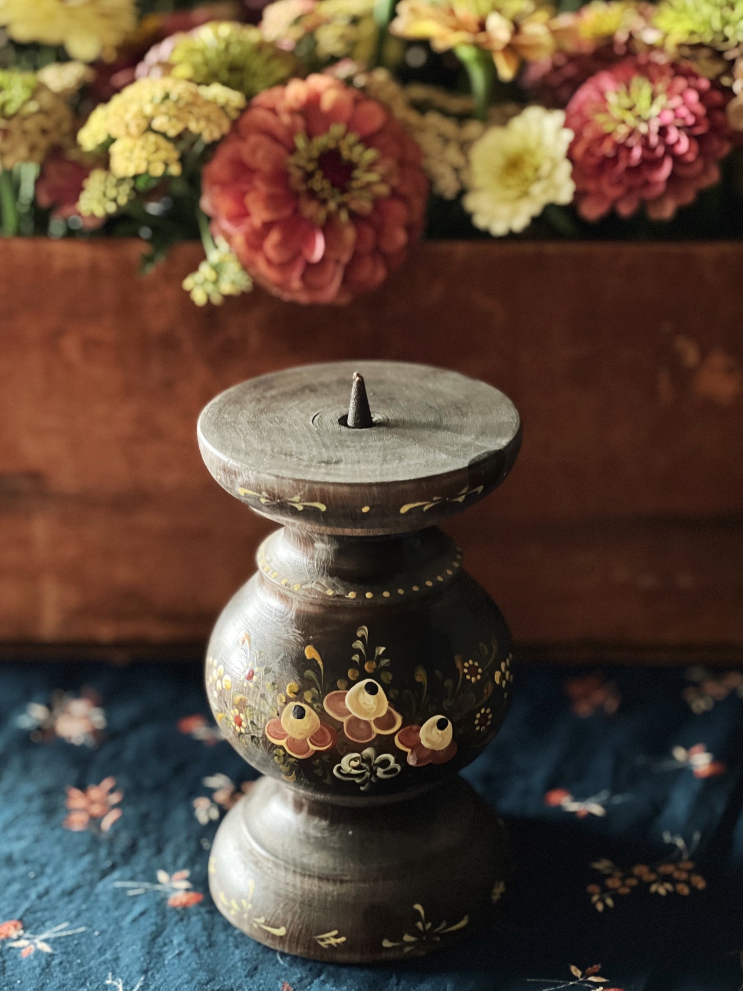 Hand Painted Vintage Wood Pillar Candle Holder