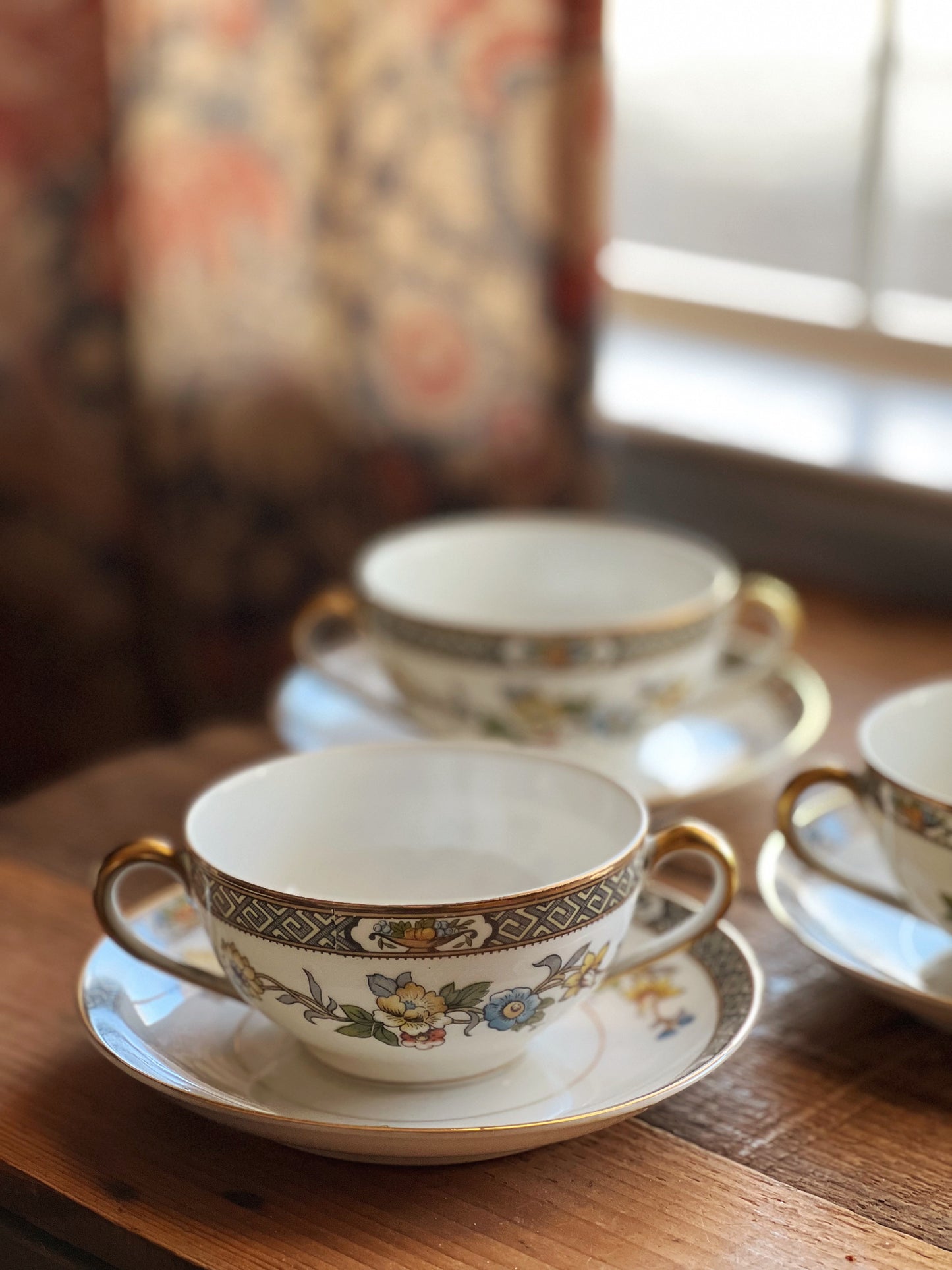 Antique Noritake Paisley Flat Bouillon Cup and Saucer Set