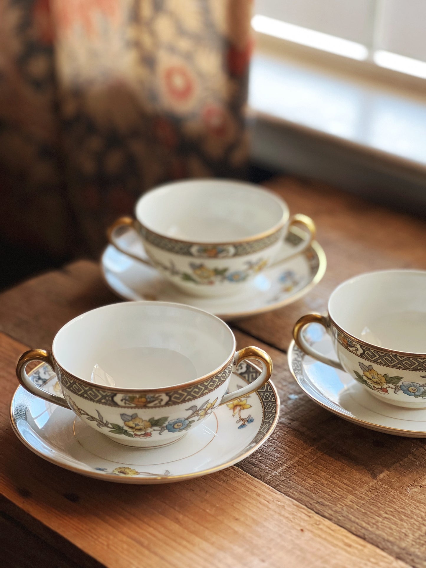 Antique Noritake Paisley Flat Bouillon Cup and Saucer Set