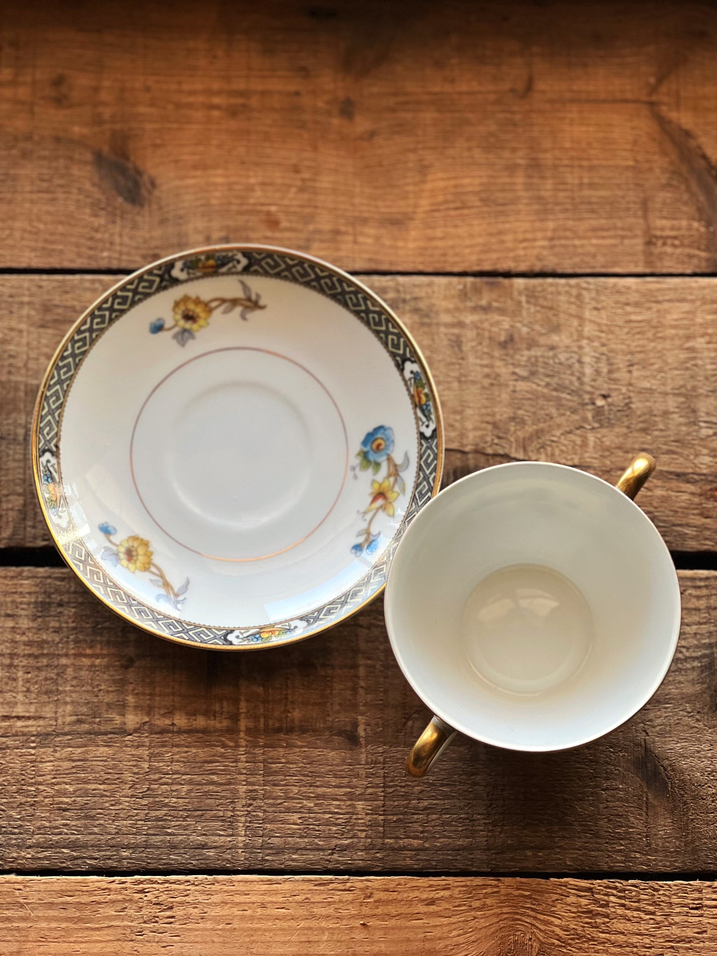 Antique Noritake Paisley Flat Bouillon Cup and Saucer Set